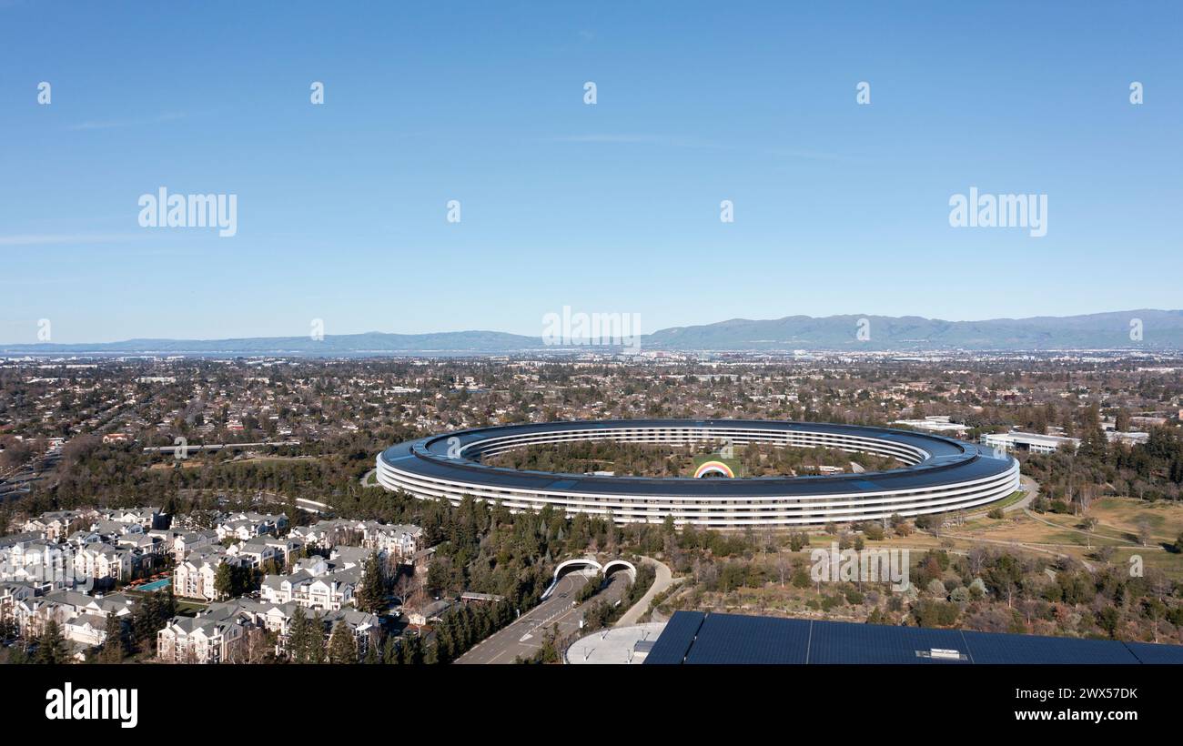 Cupertino, California, USA - January 1, 2023: Afternoon sun shines on Apple Park, the downtown Corporate headquarters of Apple Inc. Stock Photo