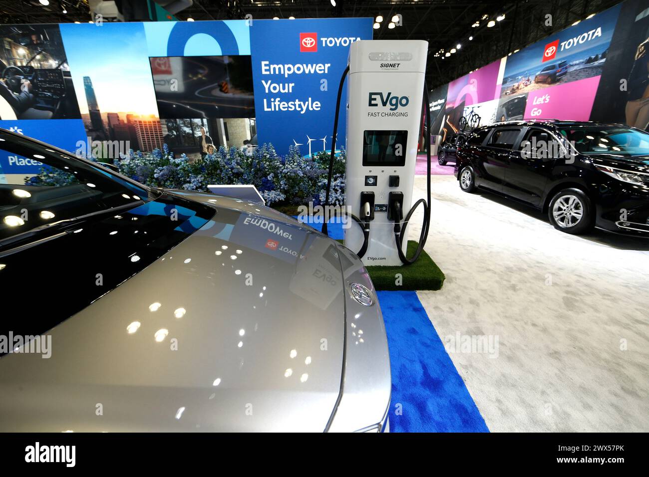 New York, United States. 27th Mar, 2024. EV Go charging station during press day at the New York International Auto Show on March 27, 2024 in New York City. The show first opened in 1900 at the New York Coliseum, moving to the Javits Center 87 years later where manufacturers display their new models and concept vehicles . (Photo by John Lamparski/NurPhoto) Credit: NurPhoto SRL/Alamy Live News Stock Photo