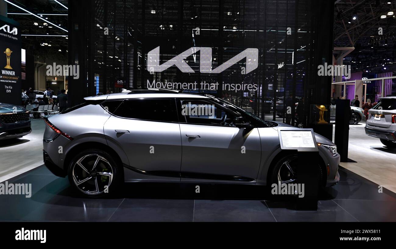 New York, United States. 27th Mar, 2024. An EV Kia during press day at the New York International Auto Show on March 27, 2024 in New York City. The show first opened in 1900 at the New York Coliseum, moving to the Javits Center 87 years later where manufacturers display their new models and concept vehicles . (Photo by John Lamparski/NurPhoto) Credit: NurPhoto SRL/Alamy Live News Stock Photo