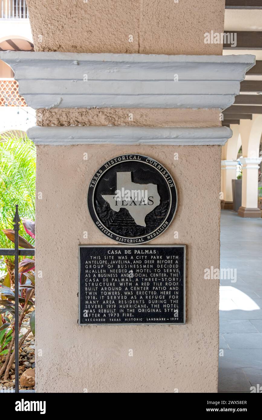 Historical marker for Casa de Palmas, built 1918, McAllen, Hidalgo County, Texas, USA. Stock Photo