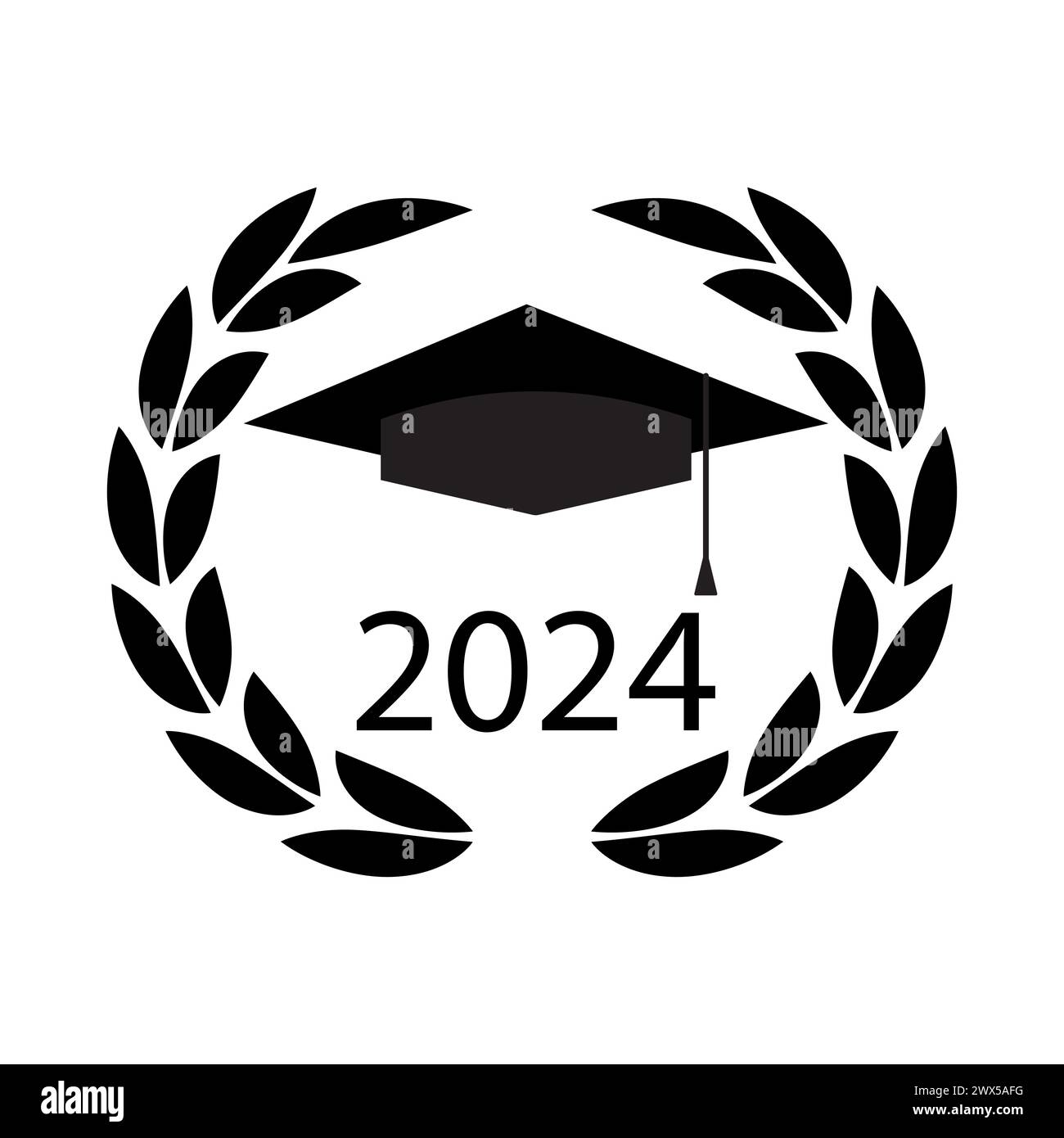 Graduation cap within a laurel wreath for class of 2024. Vector