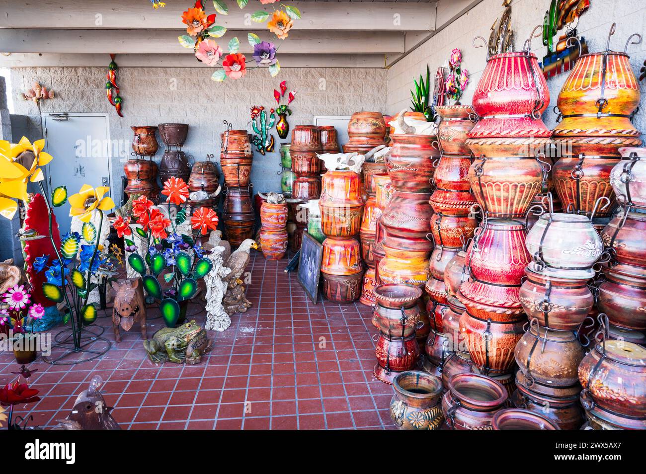 Ceramic pots for sale at  a craft market.  Gila Bend, Arizona, USA Stock Photo