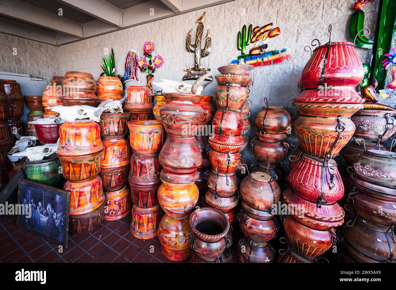 Ceramic pots for sale at  a craft market.  Gila Bend, Arizona, USA Stock Photo