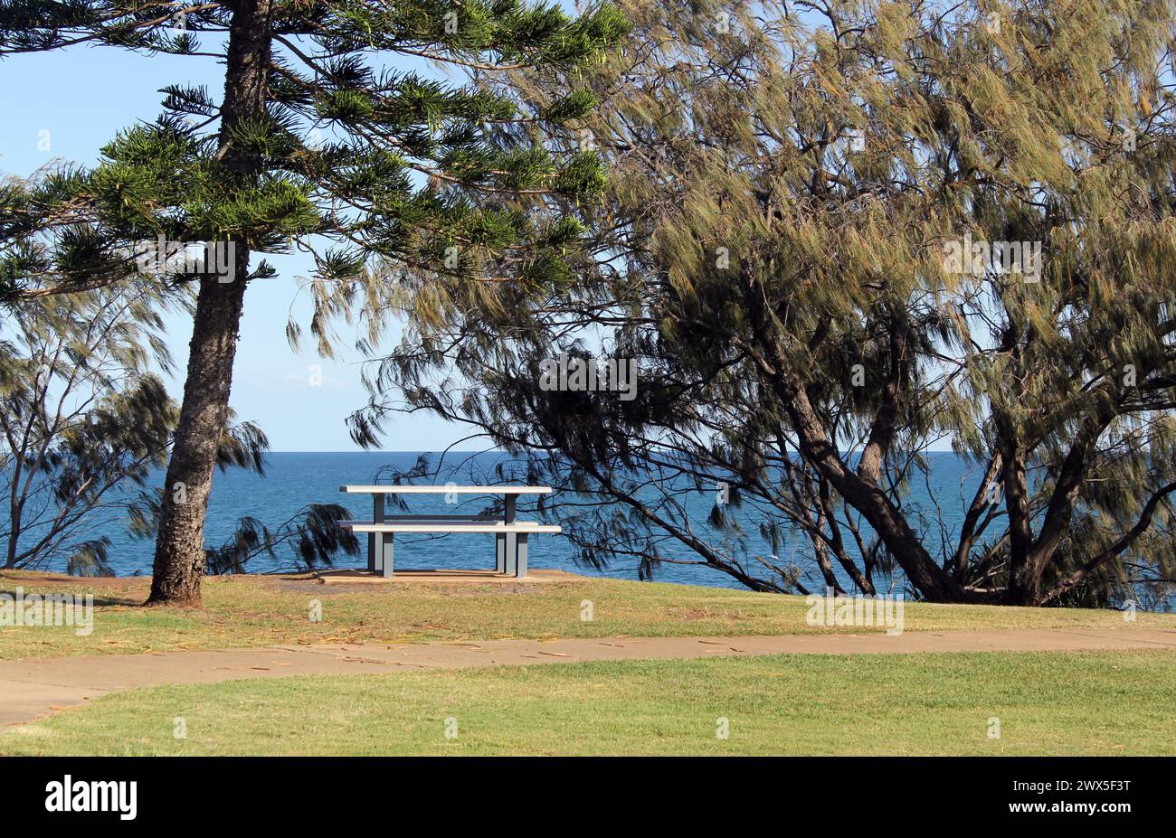 Picnic table and trees next to the ocean at Elliott Heads in Queensland ...