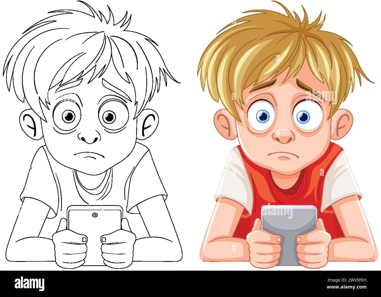 Cartoon boy focused on playing with his mobile device Stock Vector