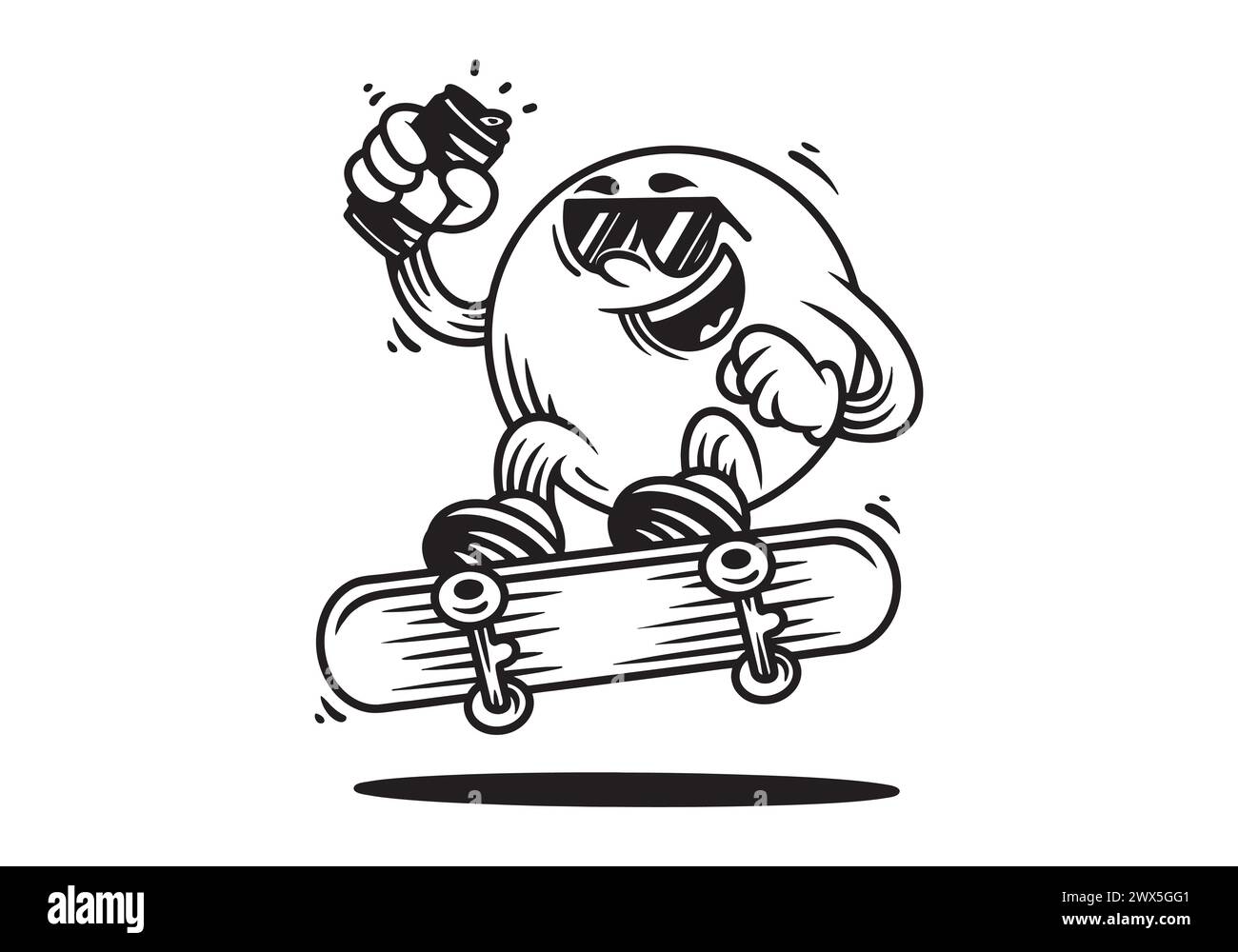 Line art Mascot character of ball head jumping on the skateboard. Holding a beer can Stock Vector