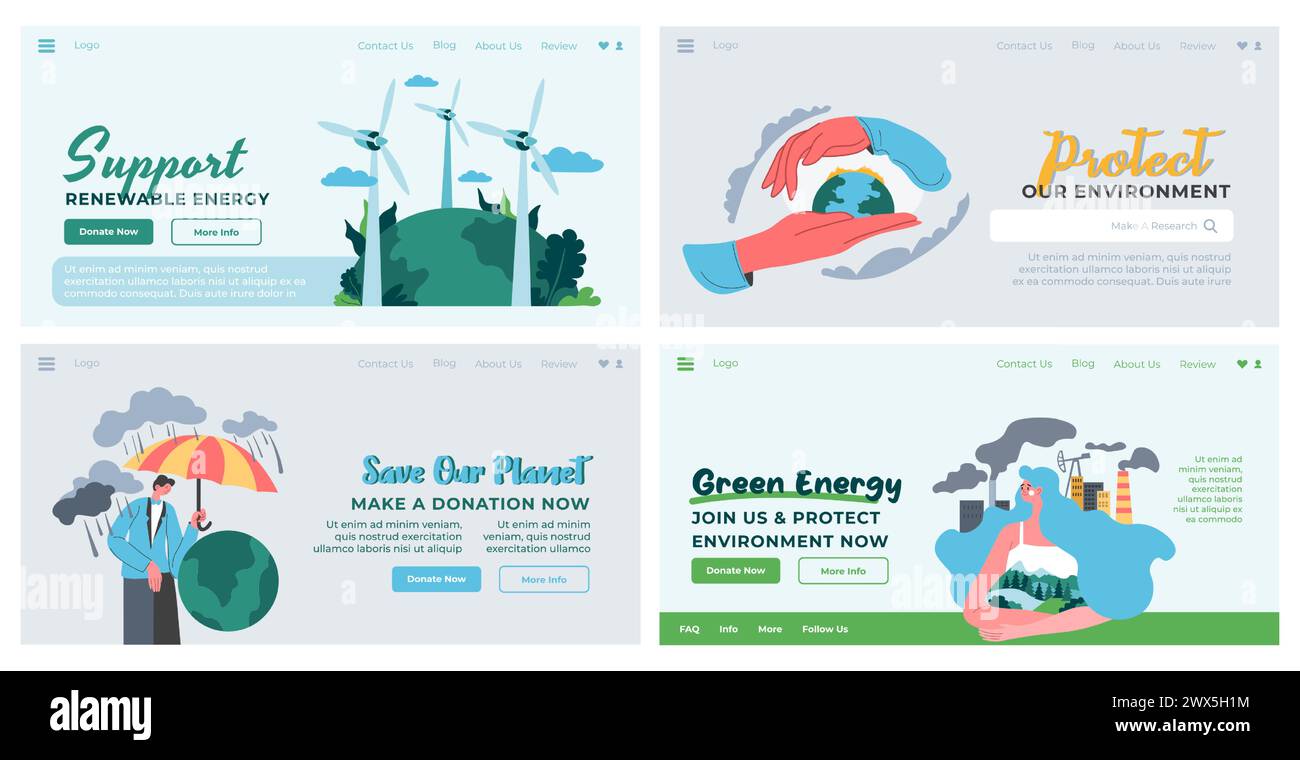 Landing page design set with green energy offer Stock Vector Image ...