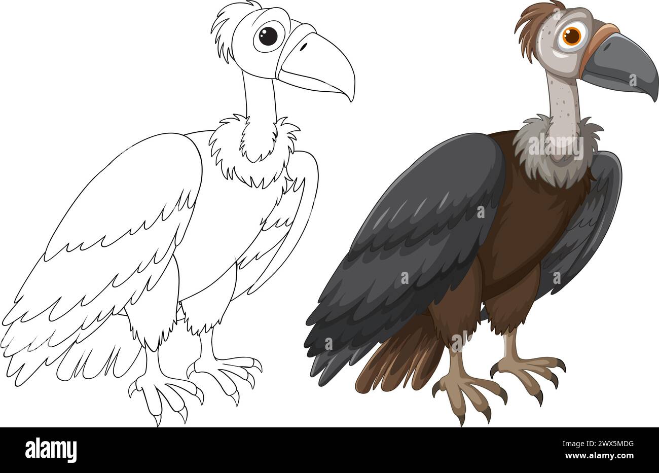 Vector illustration of a vulture, before and after coloring. Stock Vector