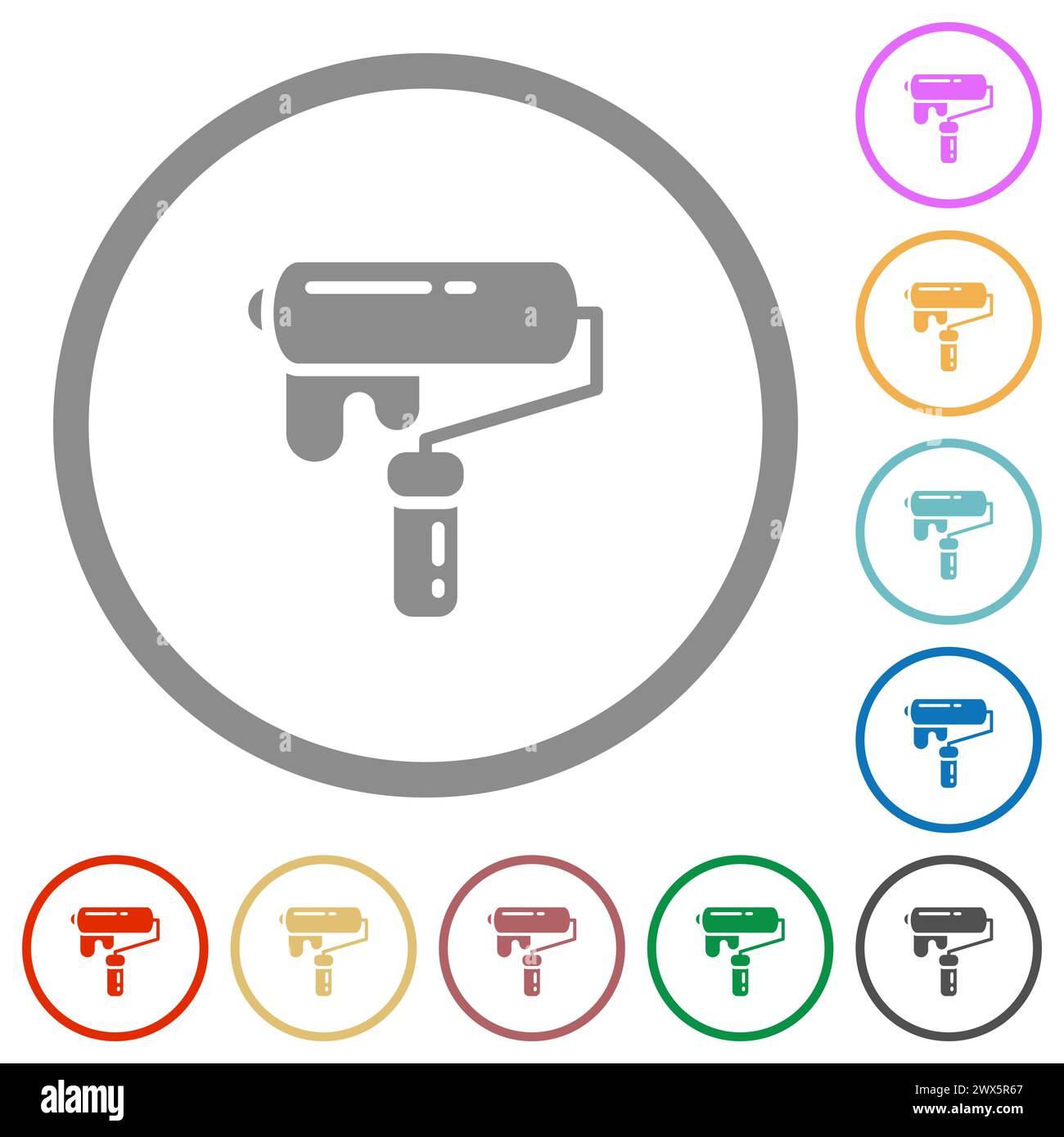 Painting with paint roller flat color icons in round outlines on white ...
