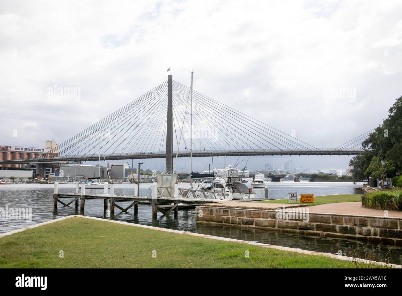 Sydney Harbour, Anzac bridge which opened in 1995 carries the western distributor between Pyrmont and Glebe in Sydney inner west and across Johnstons Stock Photo