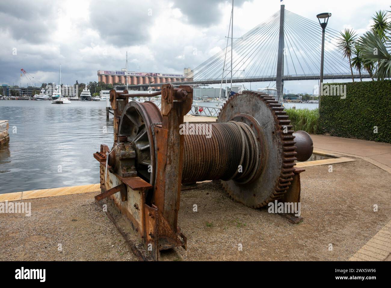 Glebe foreshore walk, Anzac Bridge Blackwattle bay park, historic boat winch used to haul lighter lighterage boats from the harbour, Sydney,Australia Stock Photo