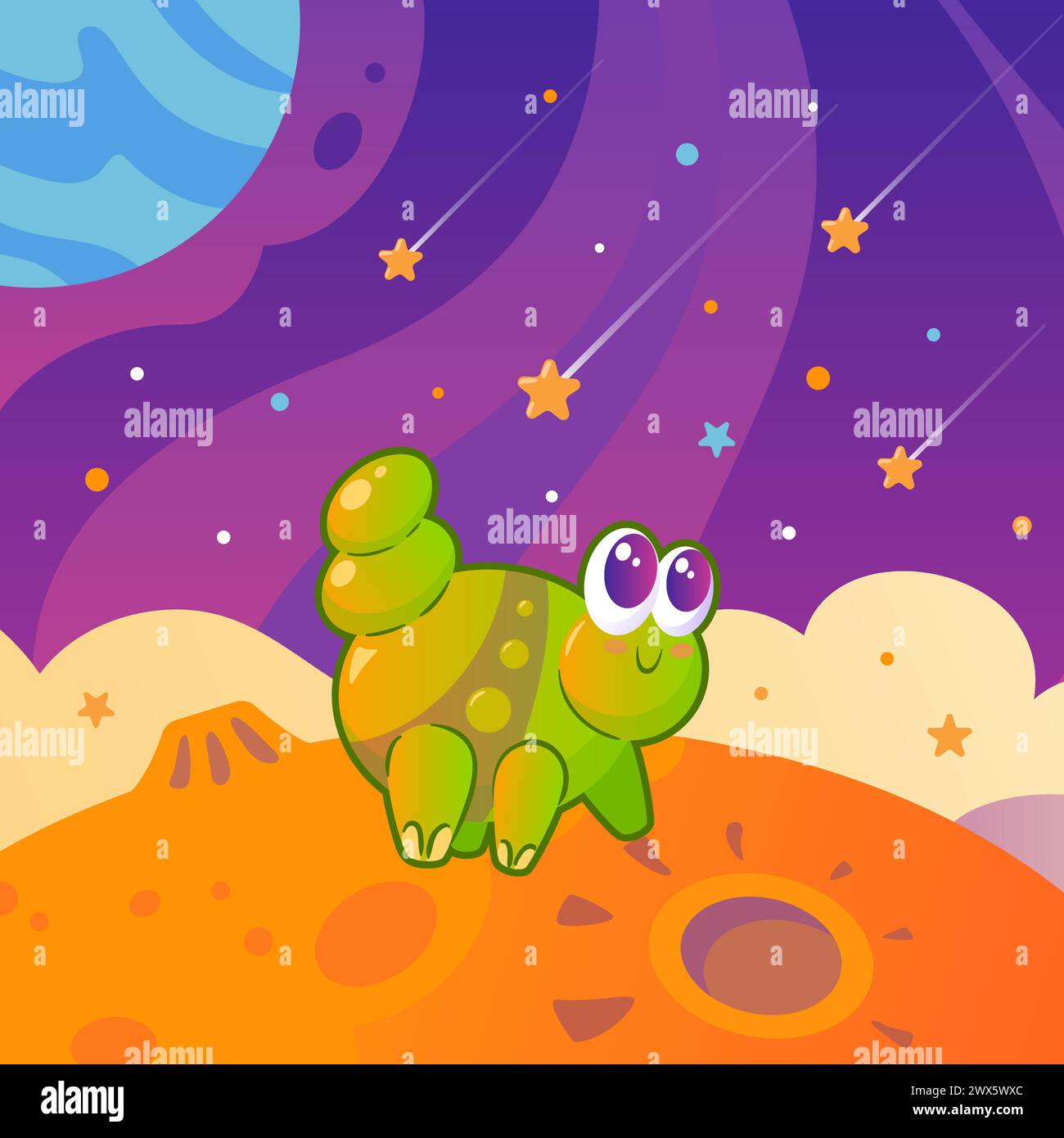 Cute green alien that looks like a caterpillar among planets and stars. Space landscape. Childrens cartoon illustration in vintage style. Space flight Stock Vector