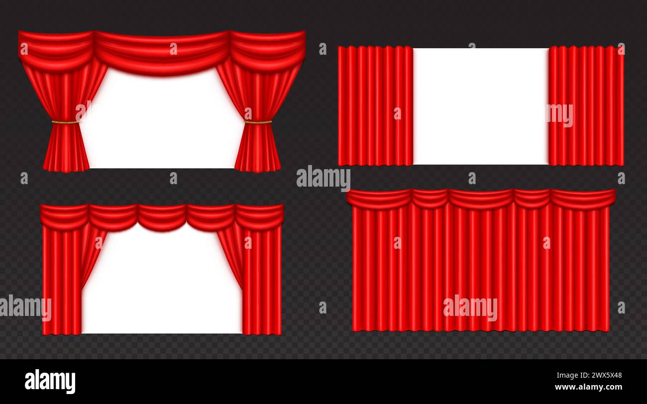 Theatre or cinema stage red curtain with folds. Realistic vector illustration set of close and open opera stage cloth drape for presentation and show Stock Vector