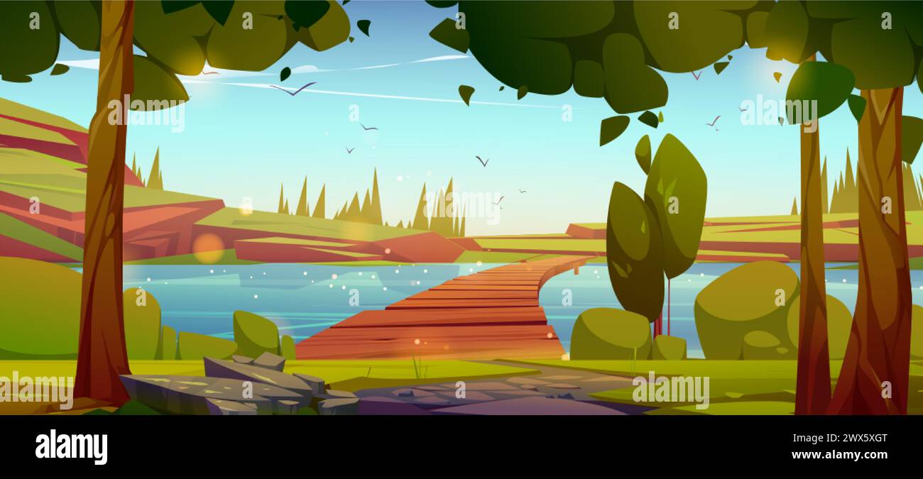 Wooden bridge over river or lake with green grass and trees on banks, hills with ground and rock cliffs on sunny summer day. Cartoon vector natural la Stock Vector