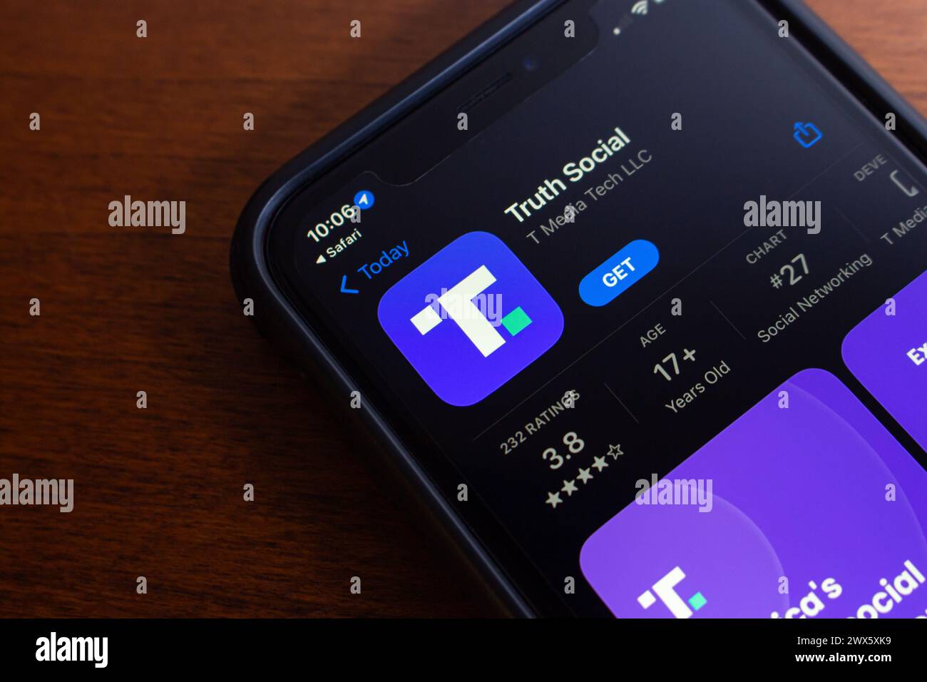 Truth Social app seen in App Store on an iPhone. Truth Social is an alt