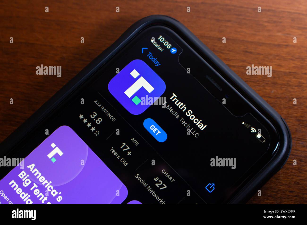 Truth Social app seen in App Store on an iPhone. Truth Social is an alt