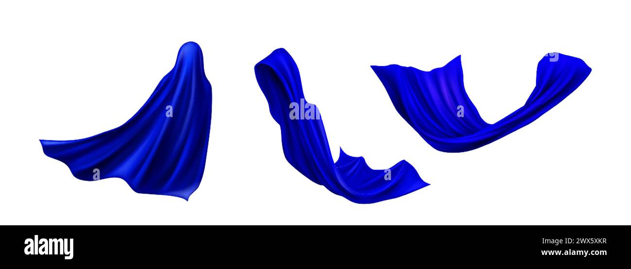 Realistic blue cape cloak of superhero in different positions floating ...