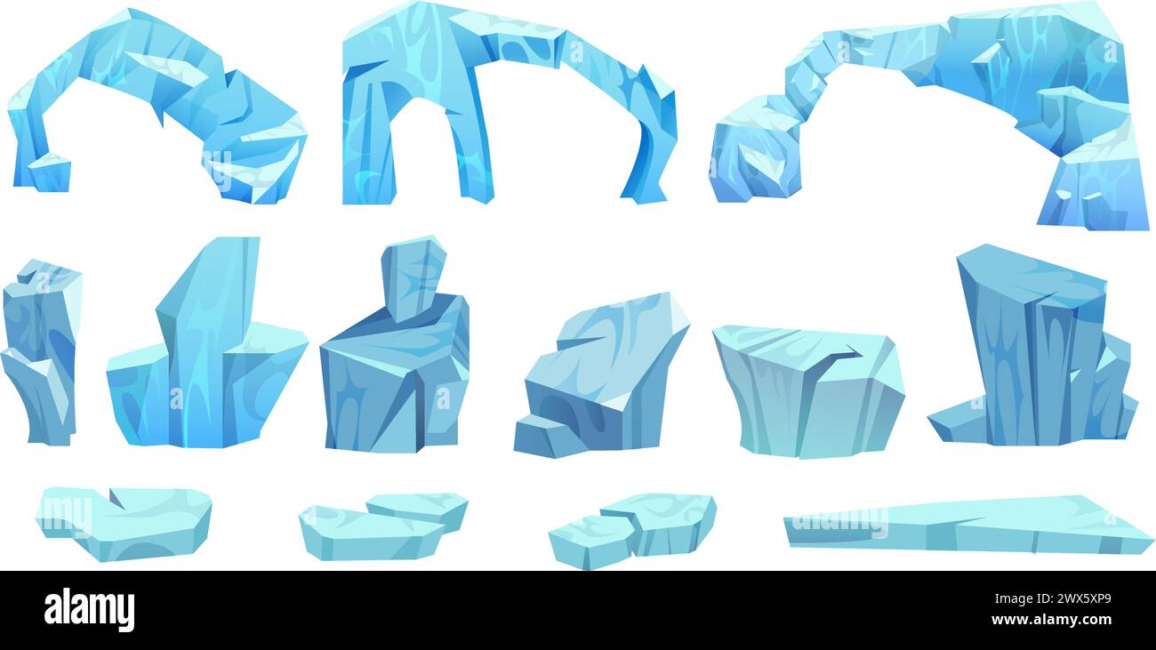 Iceberg piece and arch floating. Cartoon vector illustration set of blue ice and snow glacier mountain cube. Collection of floe for northern pole land Stock Vector