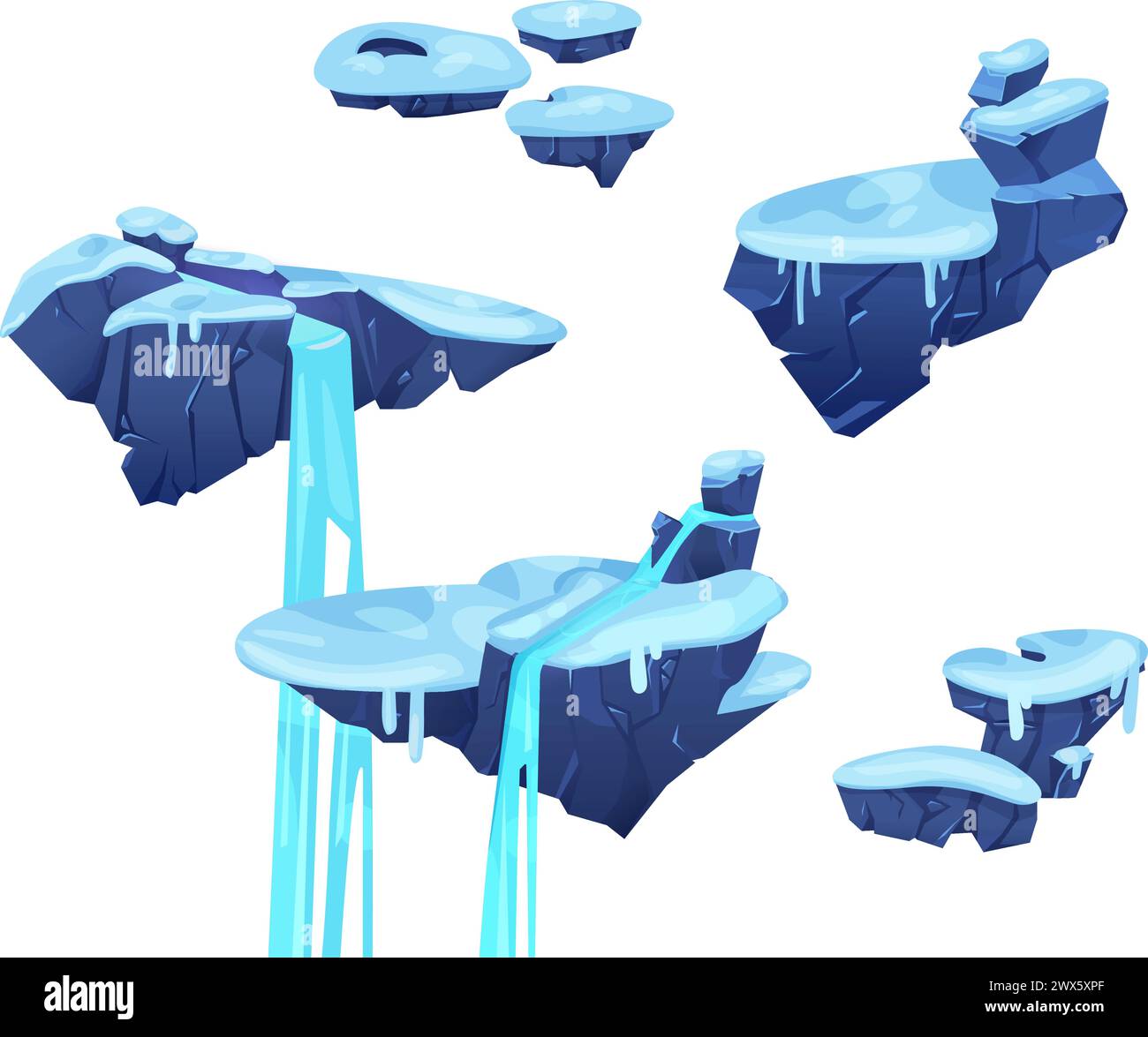Game level platforms with ice and waterfall. Vector cartoon illustration of floating islands covered with snow, river flowing on stone pieces, winter Stock Vector