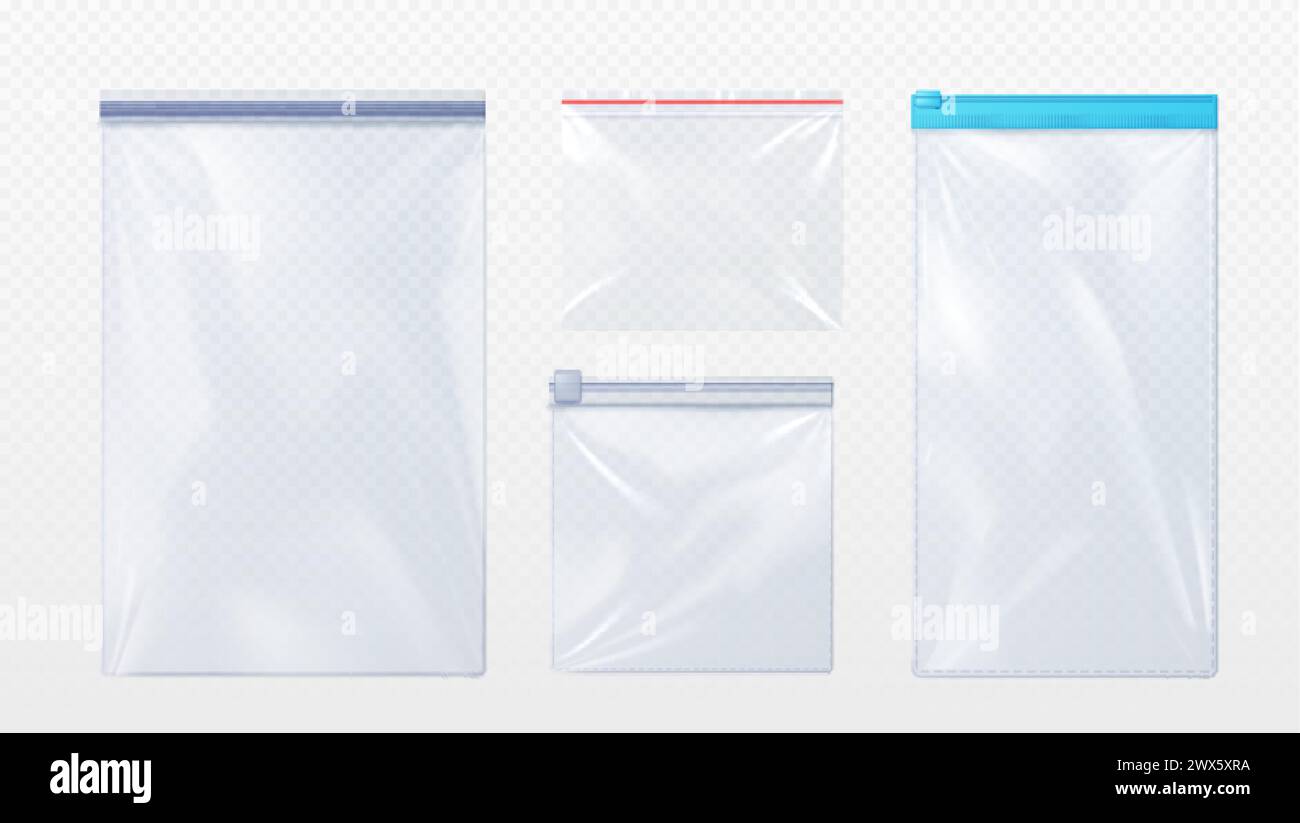 Plastic bag with zip locker mockup. Realistic vector illustration set of template for