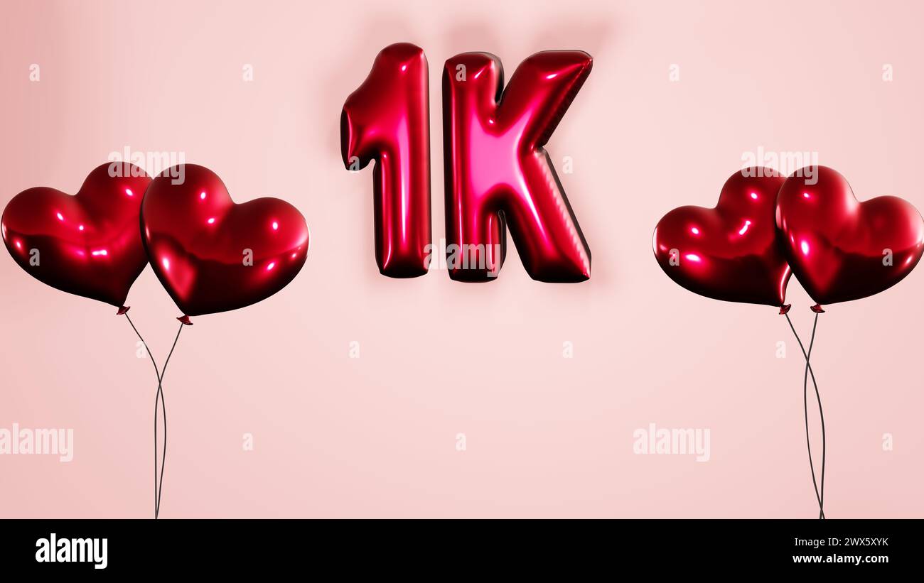 1k ,1000 followers, subscribers, likes celebration background with heart shaped helium air balloons and balloon texts on pink background 8k Stock Photo