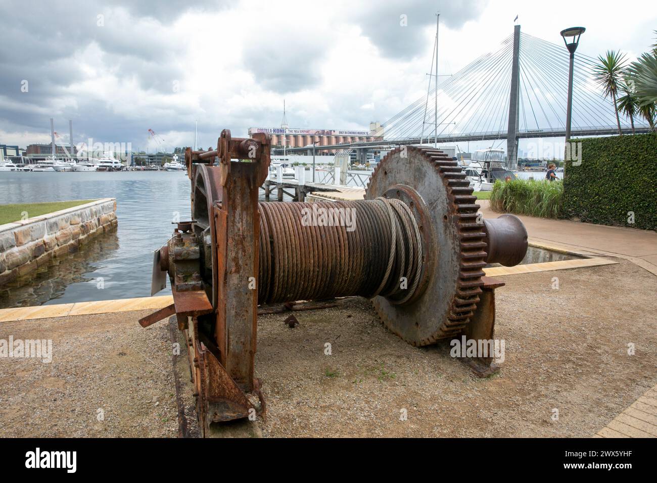 Glebe foreshore walk, Anzac Bridge Blackwattle bay park, historic boat winch used to haul lighter lighterage boats from the harbour, Sydney,Australia Stock Photo