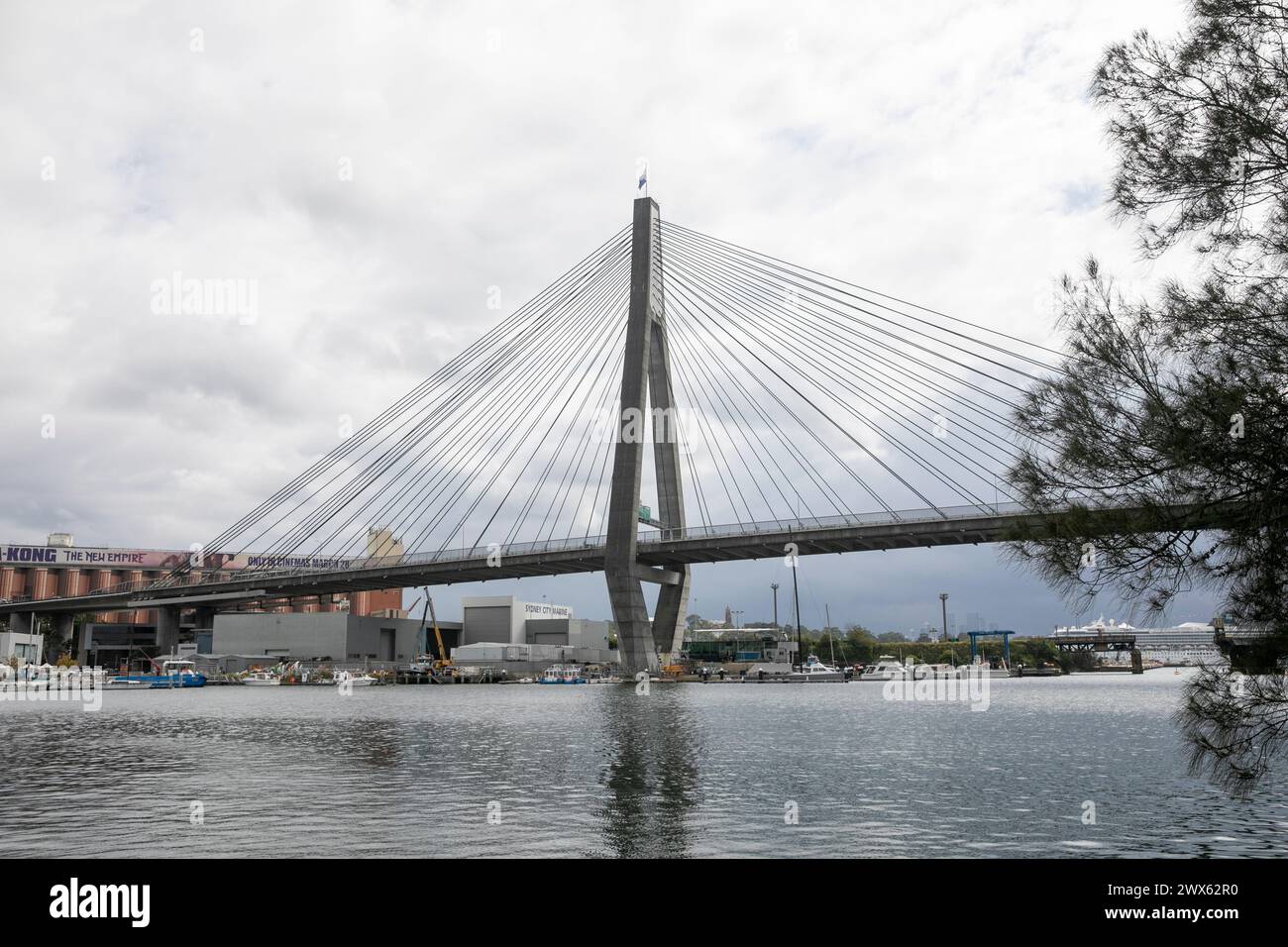 Anzac Bridge in Sydney, famous landmark bridge connecting Pyrmont to Glebe Island, opened in 1995, Sydney city centre,NSW,Australia Stock Photo