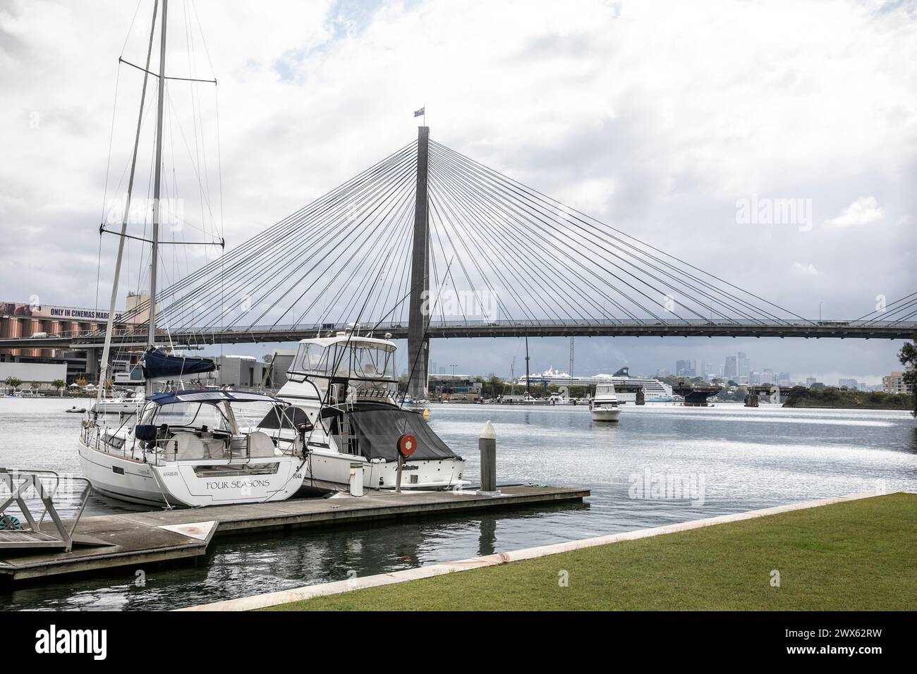 Anzac bridge viewed from Blackwattle bay park, with yachts moored in the foreground,Sydney,Australia Stock Photo