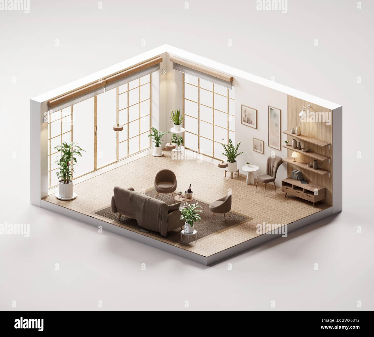 Isometric view living room muji style open inside interior architecture ...