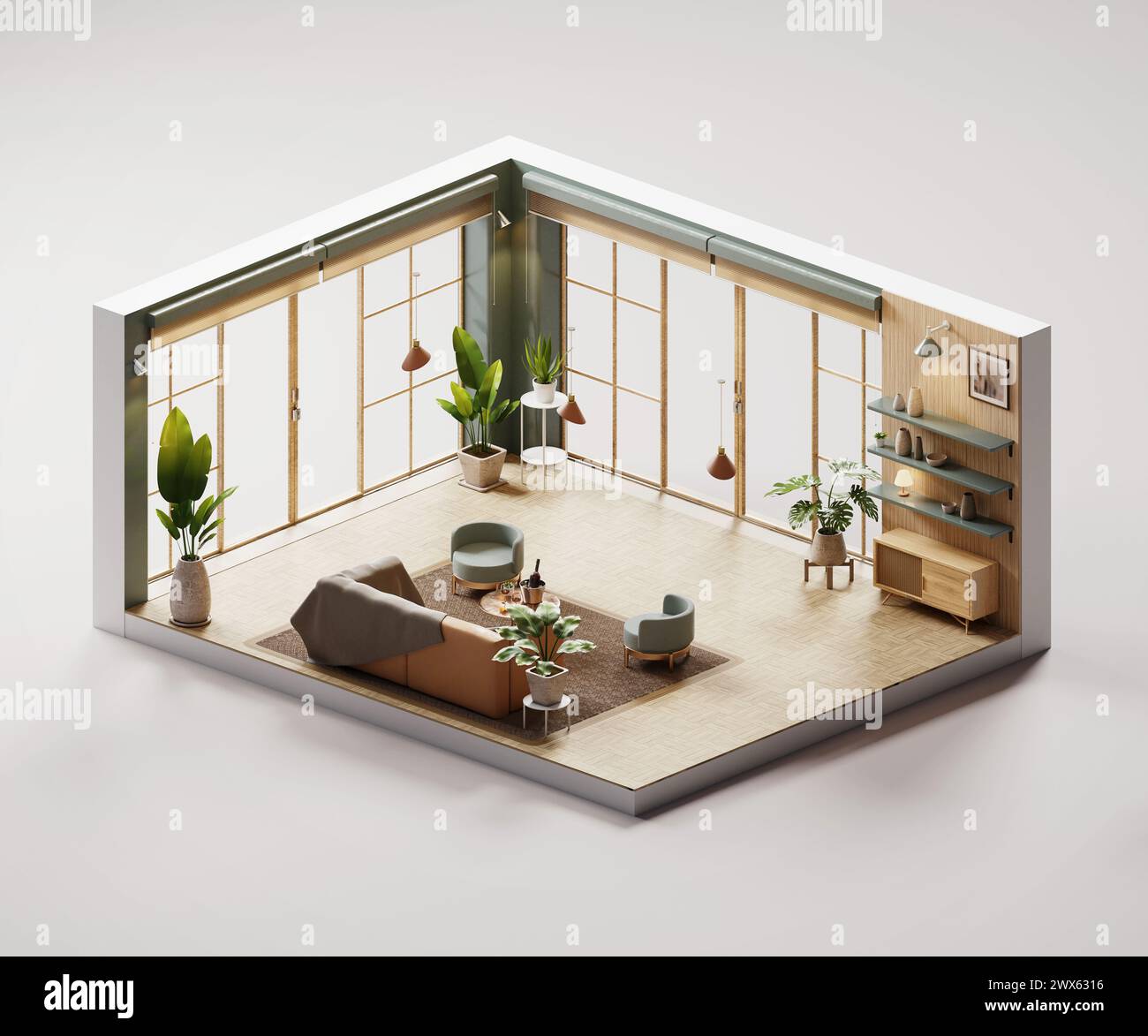 Isometric view living room muji style open inside interior architecture ...