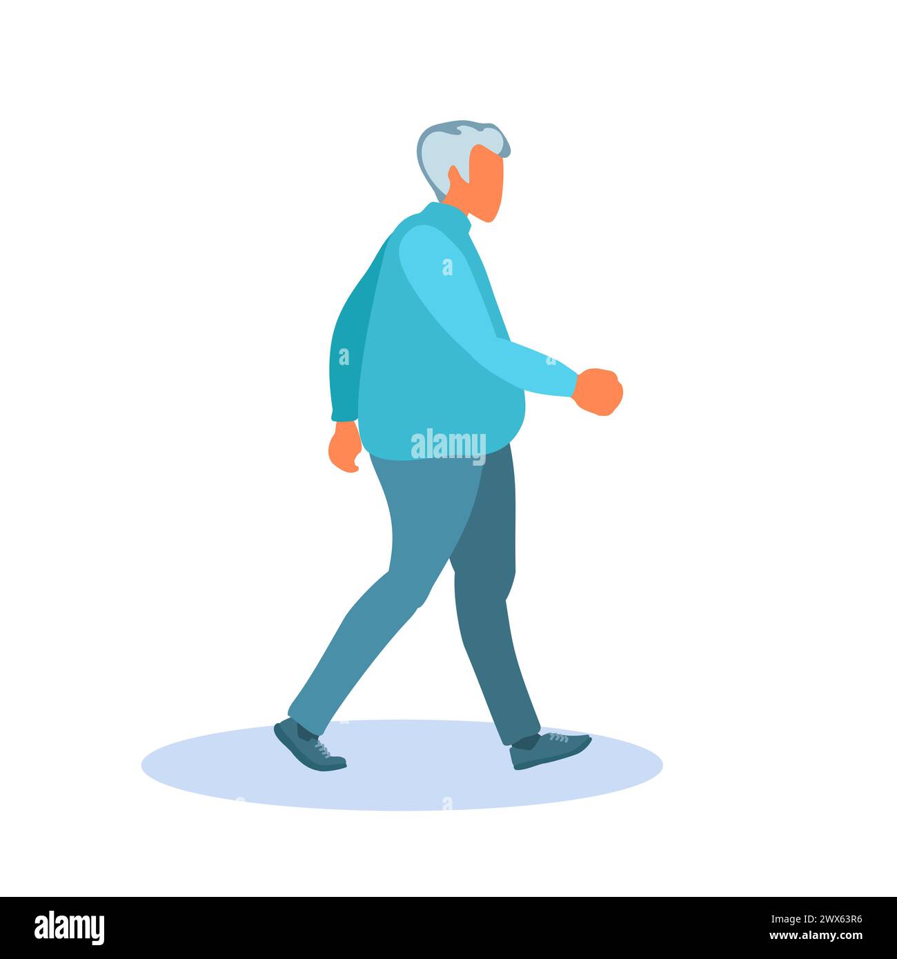 An elderly man walks with long strides. A plump guy with gray hair in blue clothes. Active business man character. Vector illustration. Stock Vector