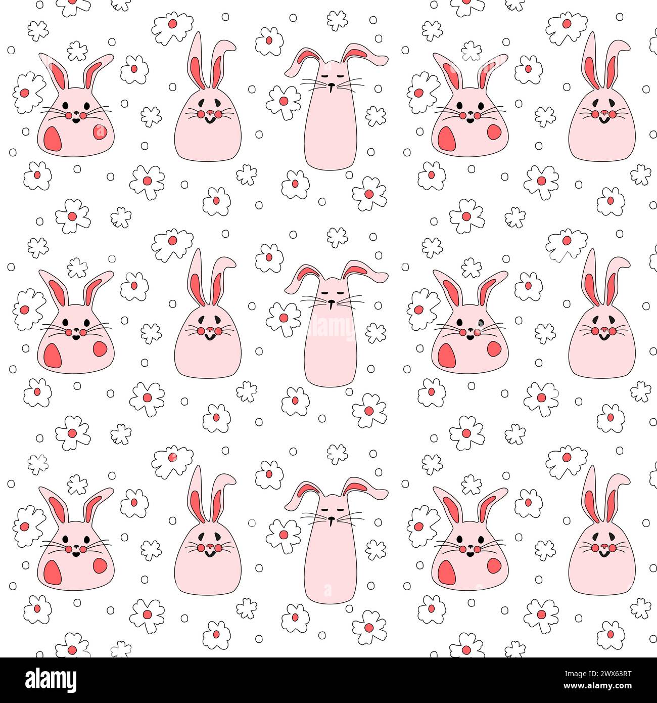 Seamless pattern with pink bunnies with flowers. Easter bunnies for ...