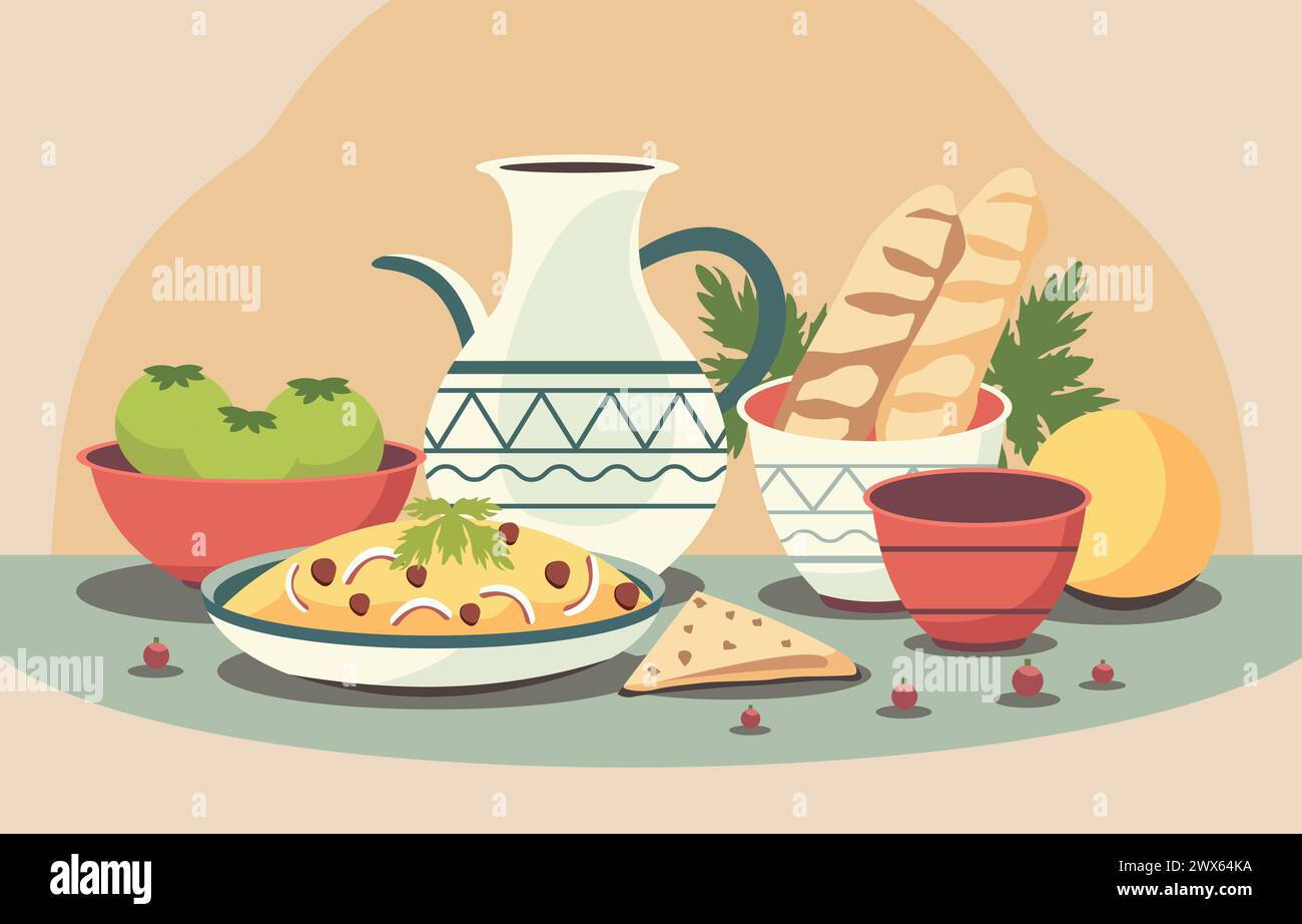 Flat Design of Vegetable Baguette Food Dishes with Vase Bowl for Nowruz Celebration Stock Vector