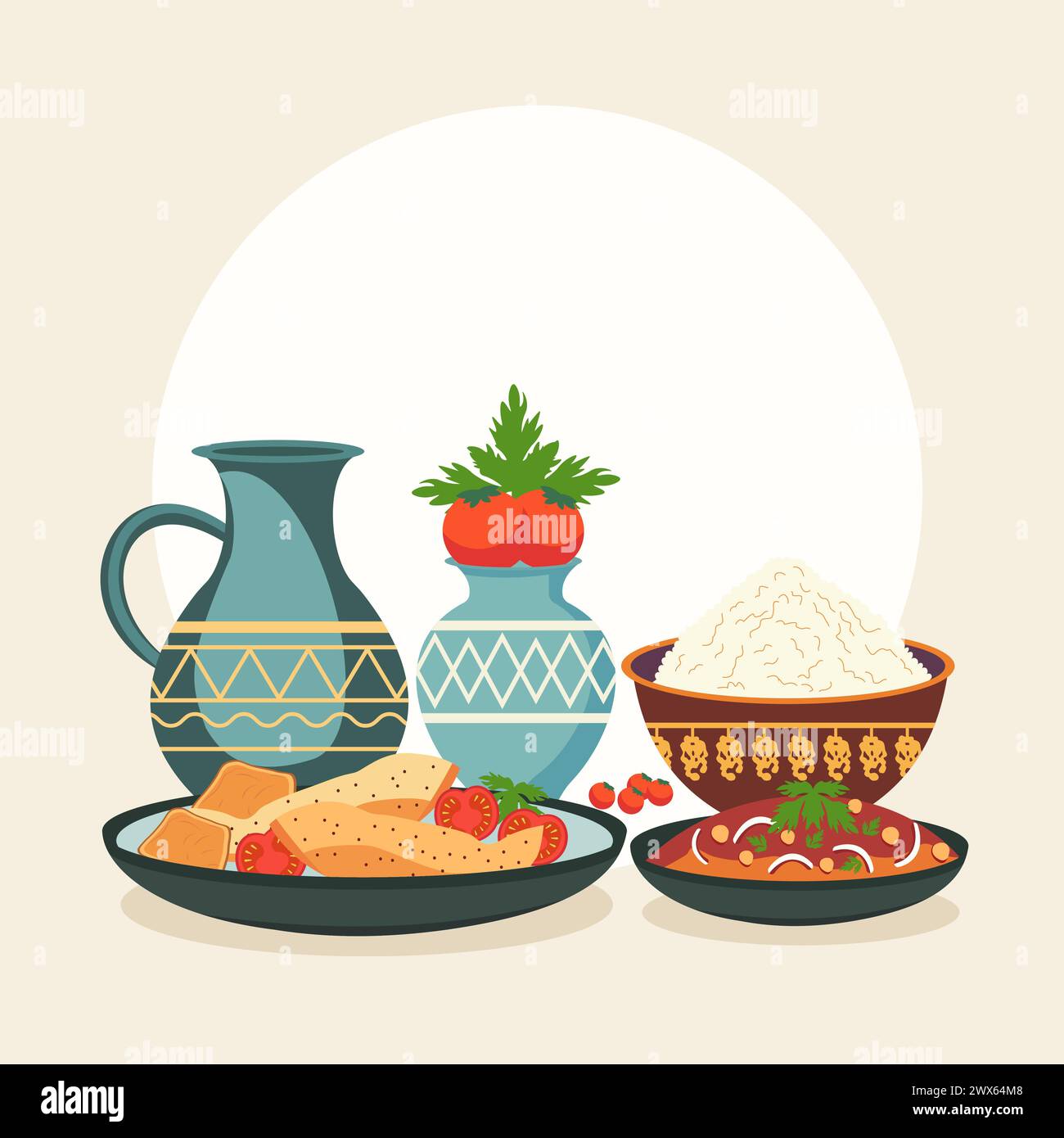 Flat Design of Vegetable Food Dishes with Vase Bowl for Nowruz Celebration Stock Vector
