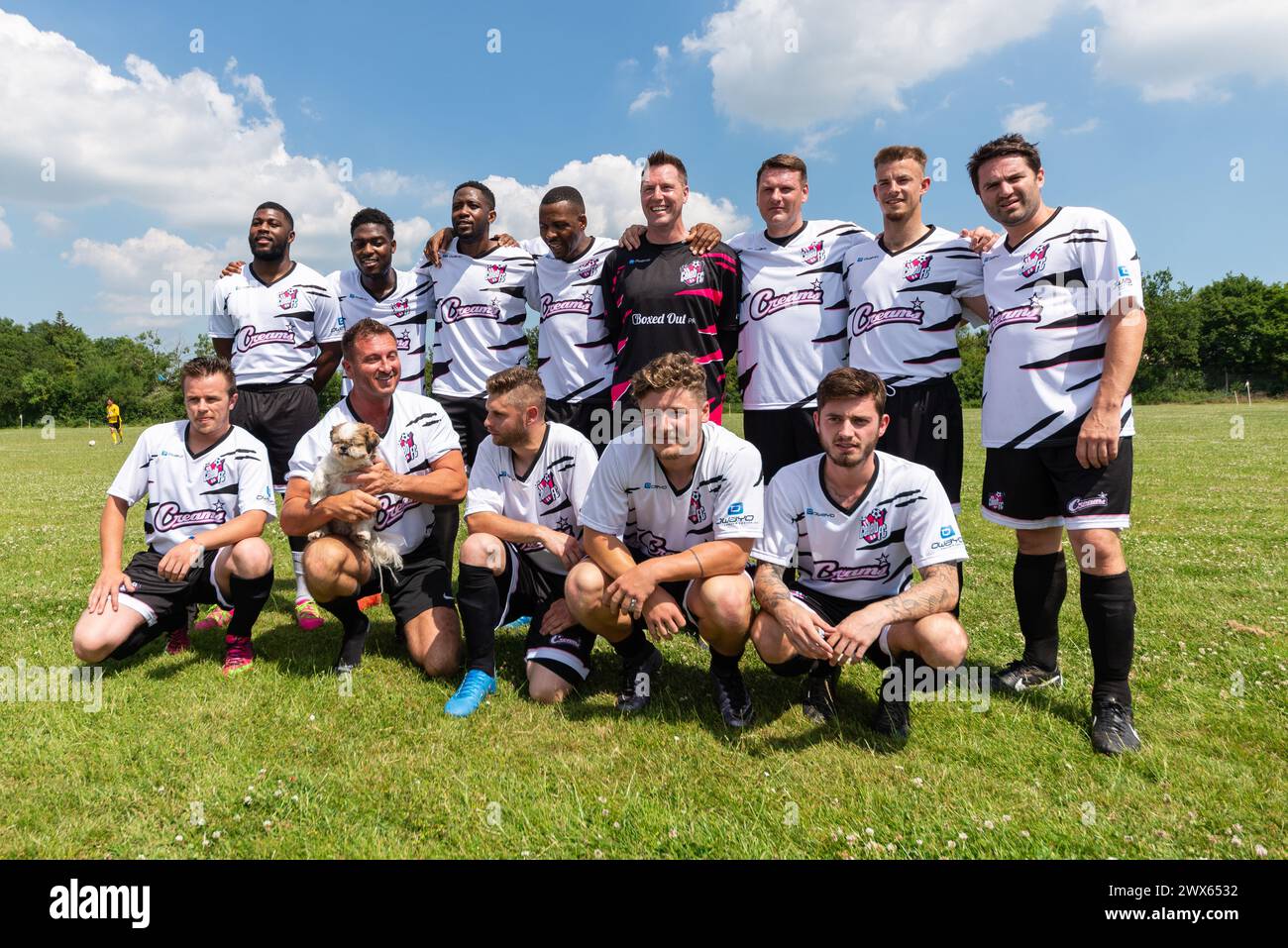 Celebrity players taking part in a charity celebrity football match in Essex, including Jason Burrill, George Gilbey, DJ Pied Piper and Rob Lamarr Stock Photo