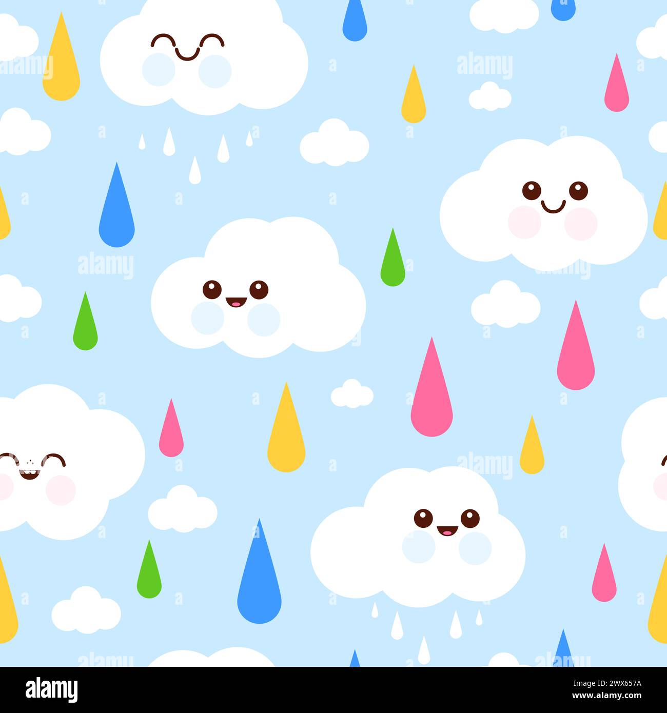 Cute cloud characters background. Colorful rain drops and cute clouds. Seamless pattern. Stock Photo