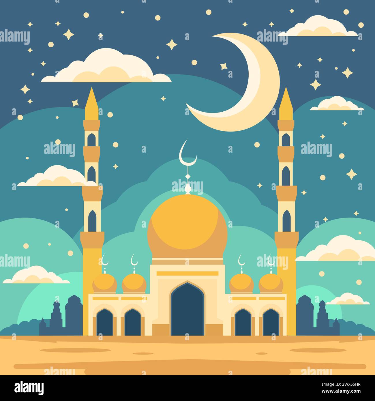 Mosque and Big Crescent Moon at Night Sky Islamic Festival Card Stock Vector
