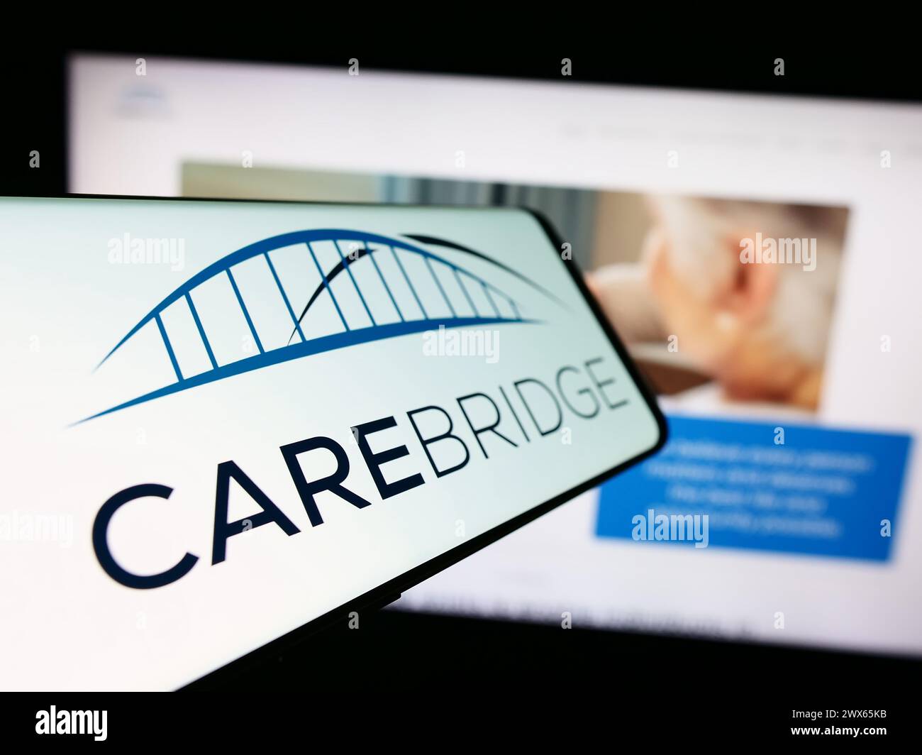 Mobile phone with logo of American health care company CareBridge in