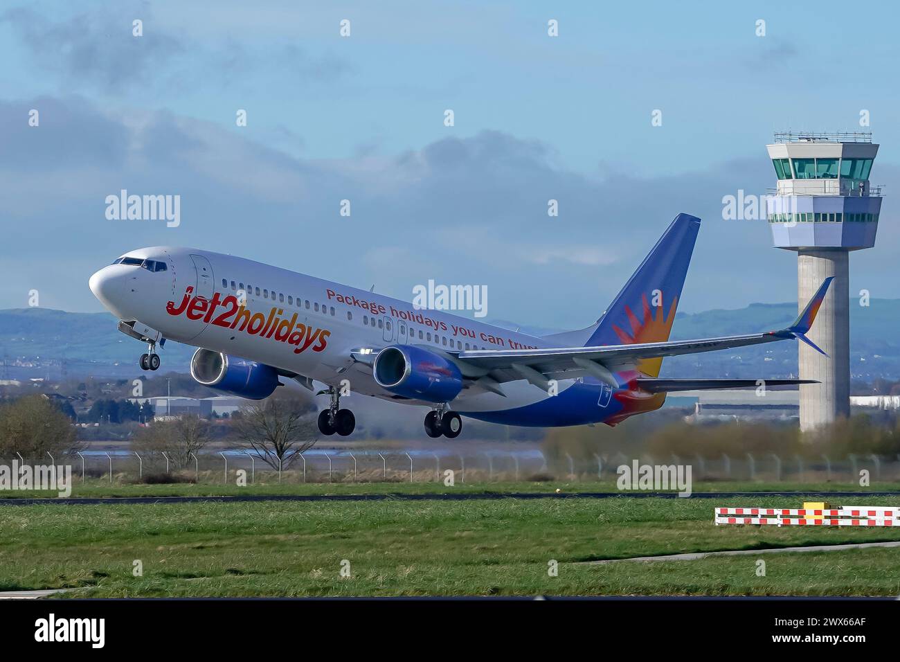 Liverpool John Lennon Airport, Liverpool, UK. 28th March 2024. The first Jet2 flight out of Liverpool John Lennon Airport to start their new collaboration with the airport. Credit James Giblin/Alamy Live News. Stock Photo