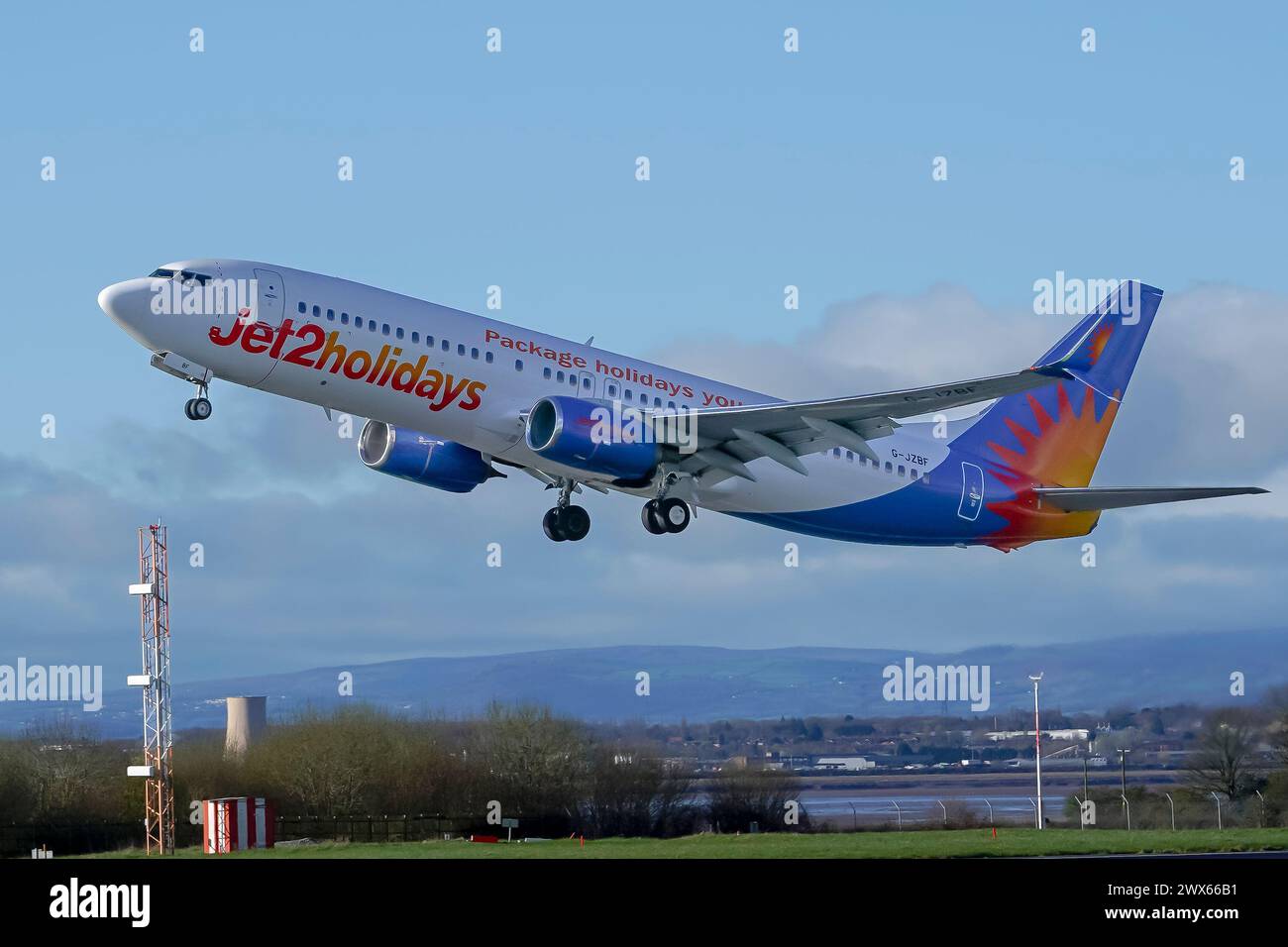 Liverpool John Lennon Airport, Liverpool, UK. 28th March 2024. The first Jet2 flight out of Liverpool John Lennon Airport to start their new collaboration with the airport. Credit James Giblin/Alamy Live News. Stock Photo
