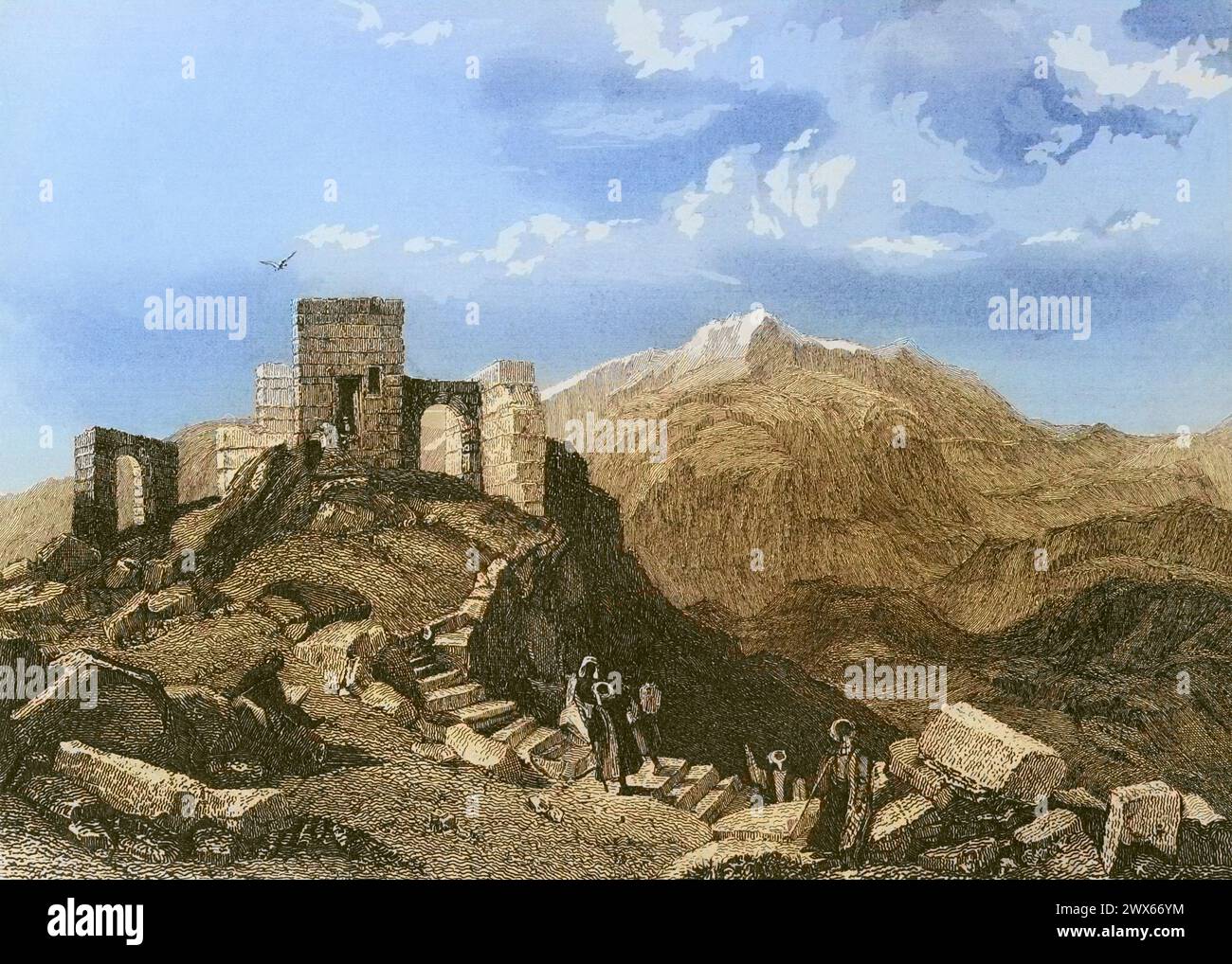 Summit of Mount Sinai. Ruins of a temple. Engraving by Emile Rouargue. Later colouration. 'La Tierra Santa y los lugares recorridos por los profetas, por los apóstoles y por los cruzados' (The Holy Land and the sites traversed by the prophets, by the apostles and by the crusaders). Published in Barcelona by the printing house of Joaquin Verdaguer, 1840. Stock Photo