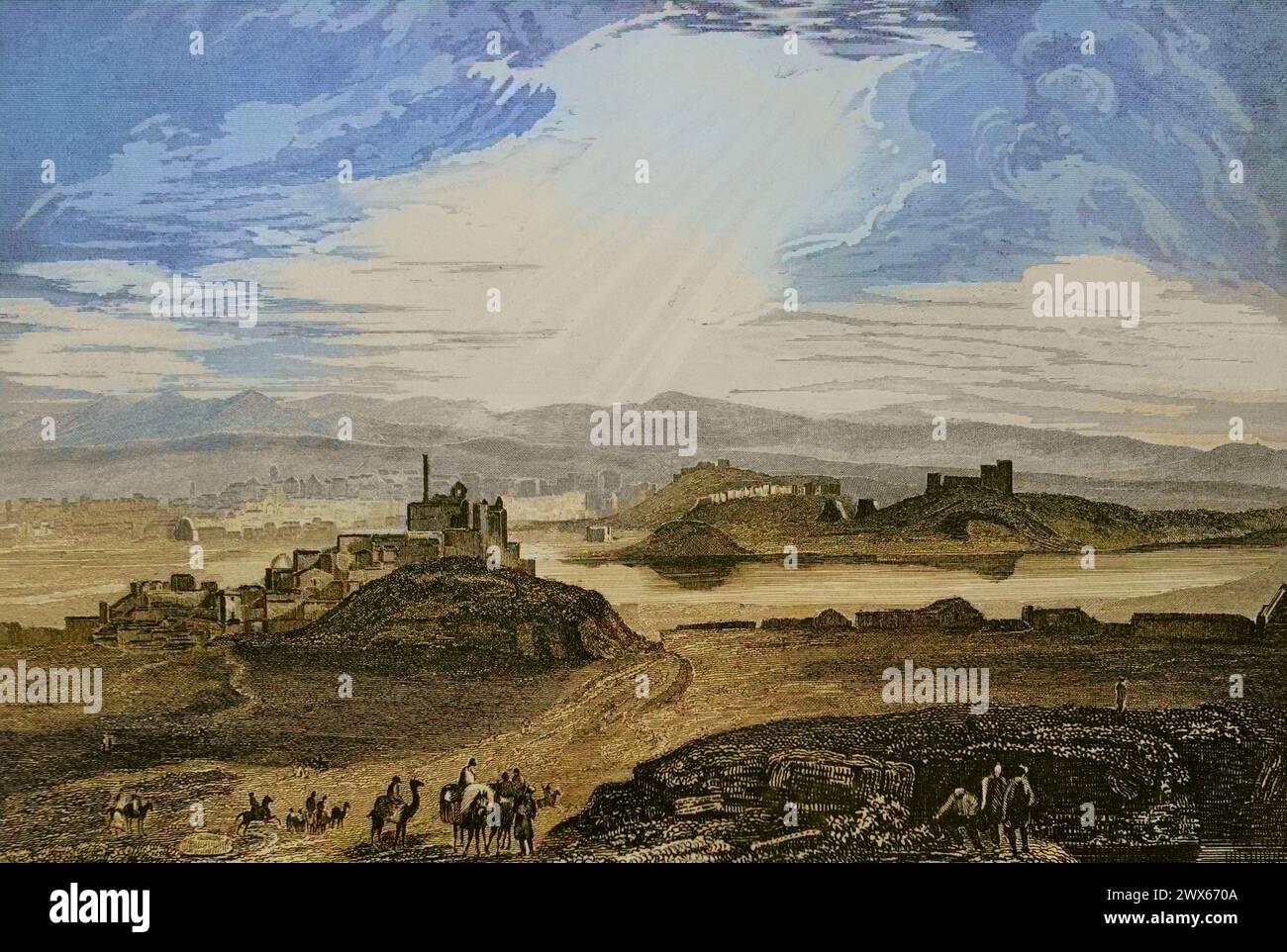 Ancient Mesopotamia. Nineveh (near the present-day Mosul, Iraq). Panoramic view of the city alongside the Tigris River. Engraving by Aubert. Later colouration. 'La Tierra Santa y los lugares recorridos por los profetas, por los apóstoles y por los cruzados' (The Holy Land and the sites traversed by the prophets, by the apostles and by the crusaders). Published in Barcelona by the printing house of Joaquin Verdaguer, 1840. Stock Photo