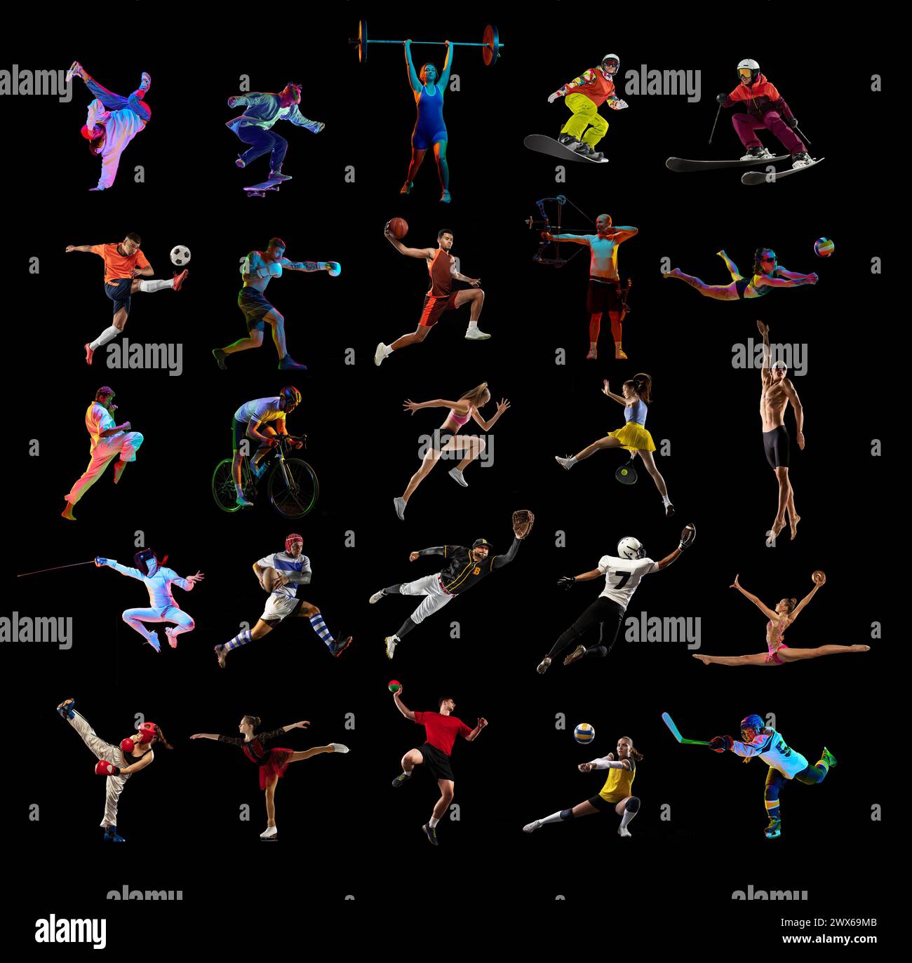 Collage made of different people, men and women, athletes of different sports in motion, training over black background Stock Photo