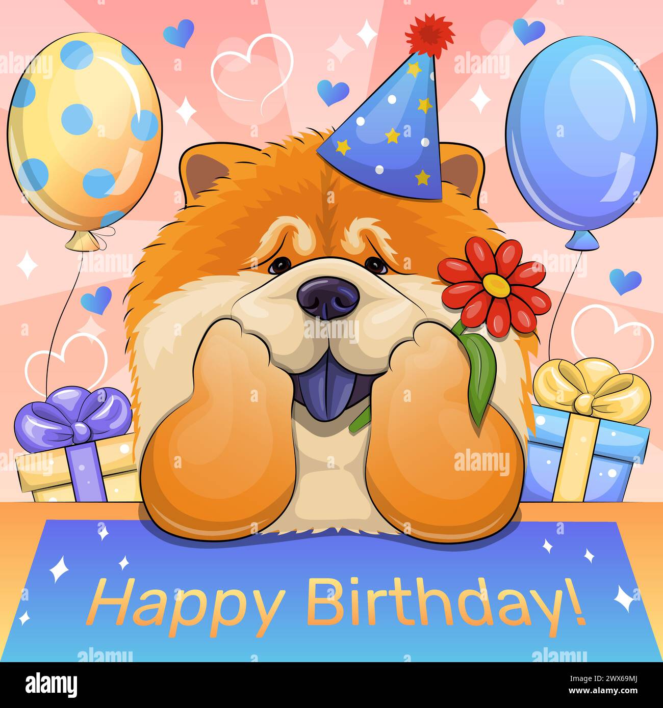 Cute cartoon chow chow dog wearing a party hat. Birthday vector illustration with gifts and balloons. Stock Vector