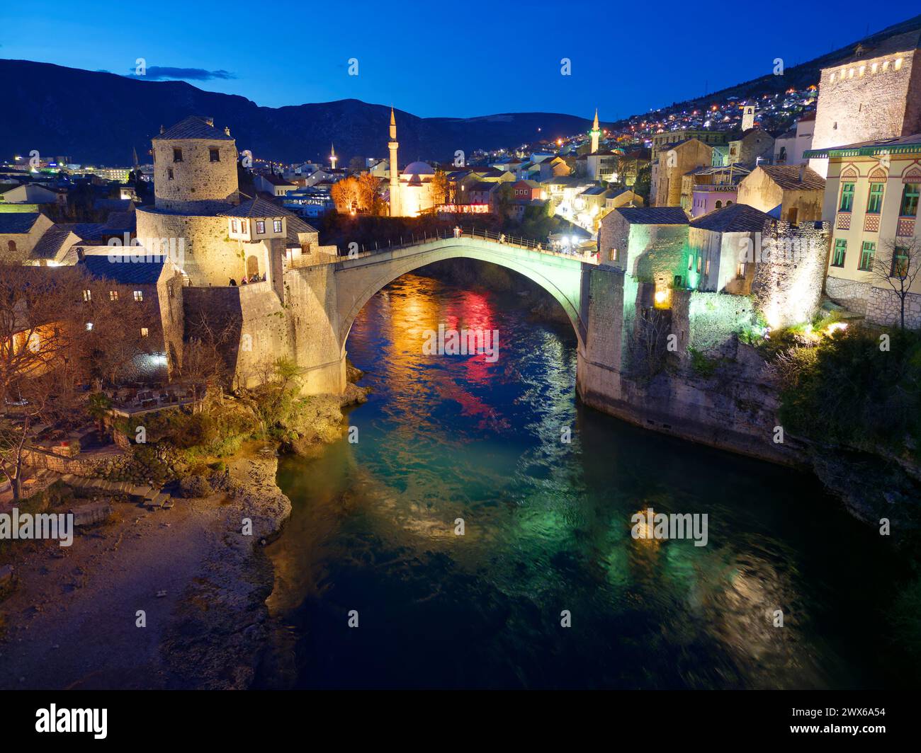 Night view of the Old Bridge in Mostar city in Bosnia and Herzegovina