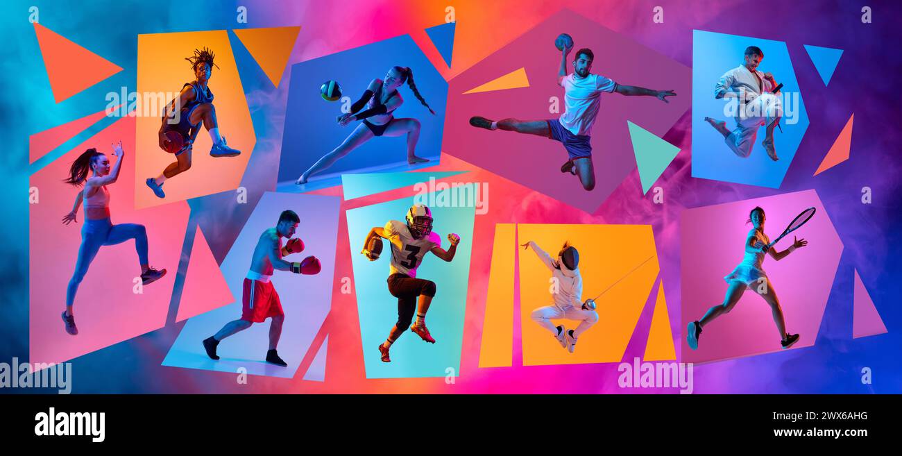 Dynamic creative collage made with different athletes, men and women training different kind of sport over multicolored background in neon Stock Photo