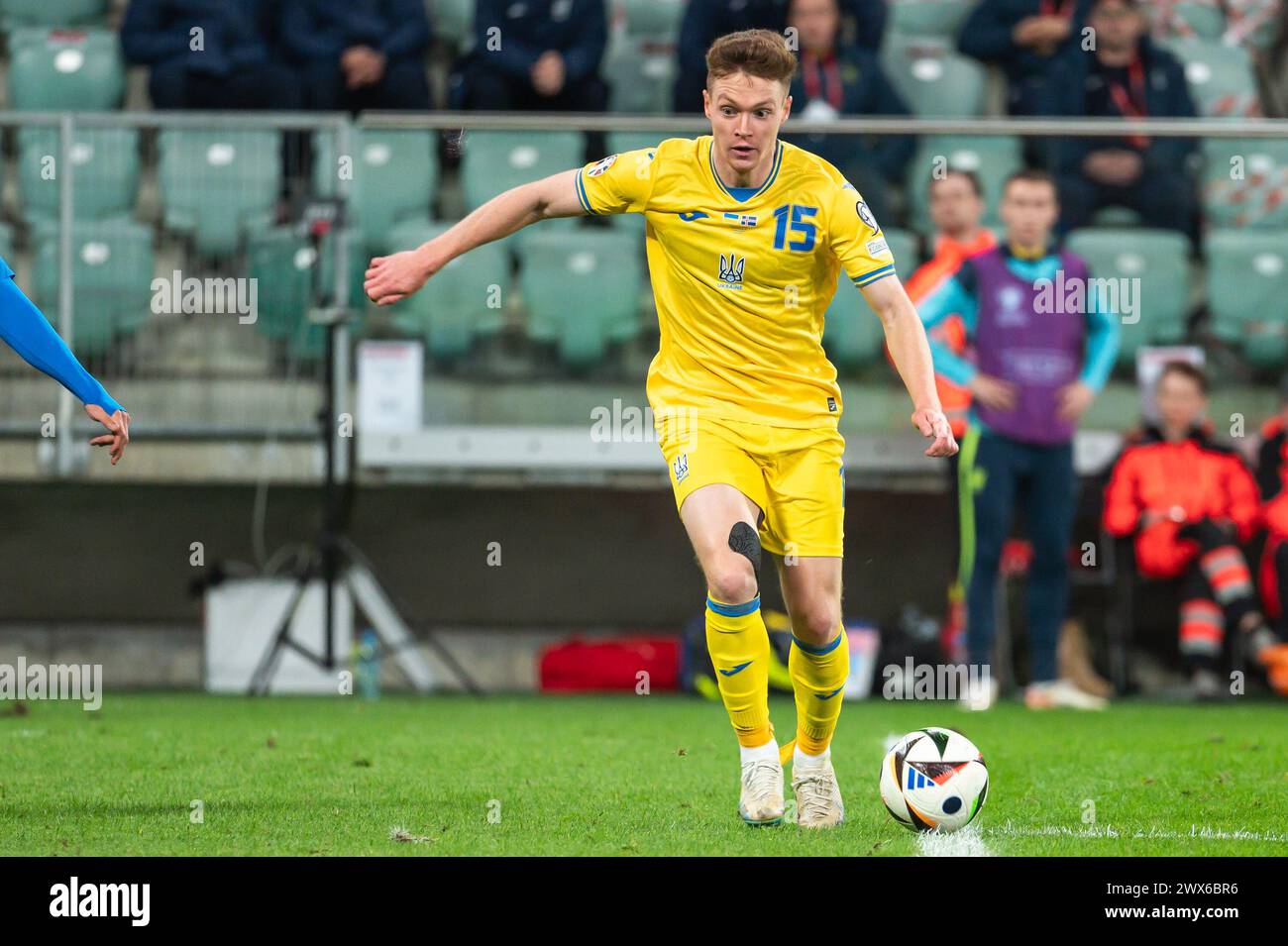 WROCLAW, POLAND - MARCH 26, 2024: Qualifications for UEFA Euro 2024. Final play-off match Ukraine - Iceland 2:1. In action Viktor Tsygankov. Stock Photo