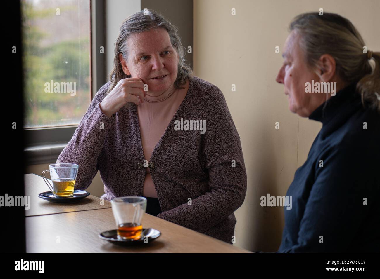 Two older women friends chatting while having tea Stock Photo