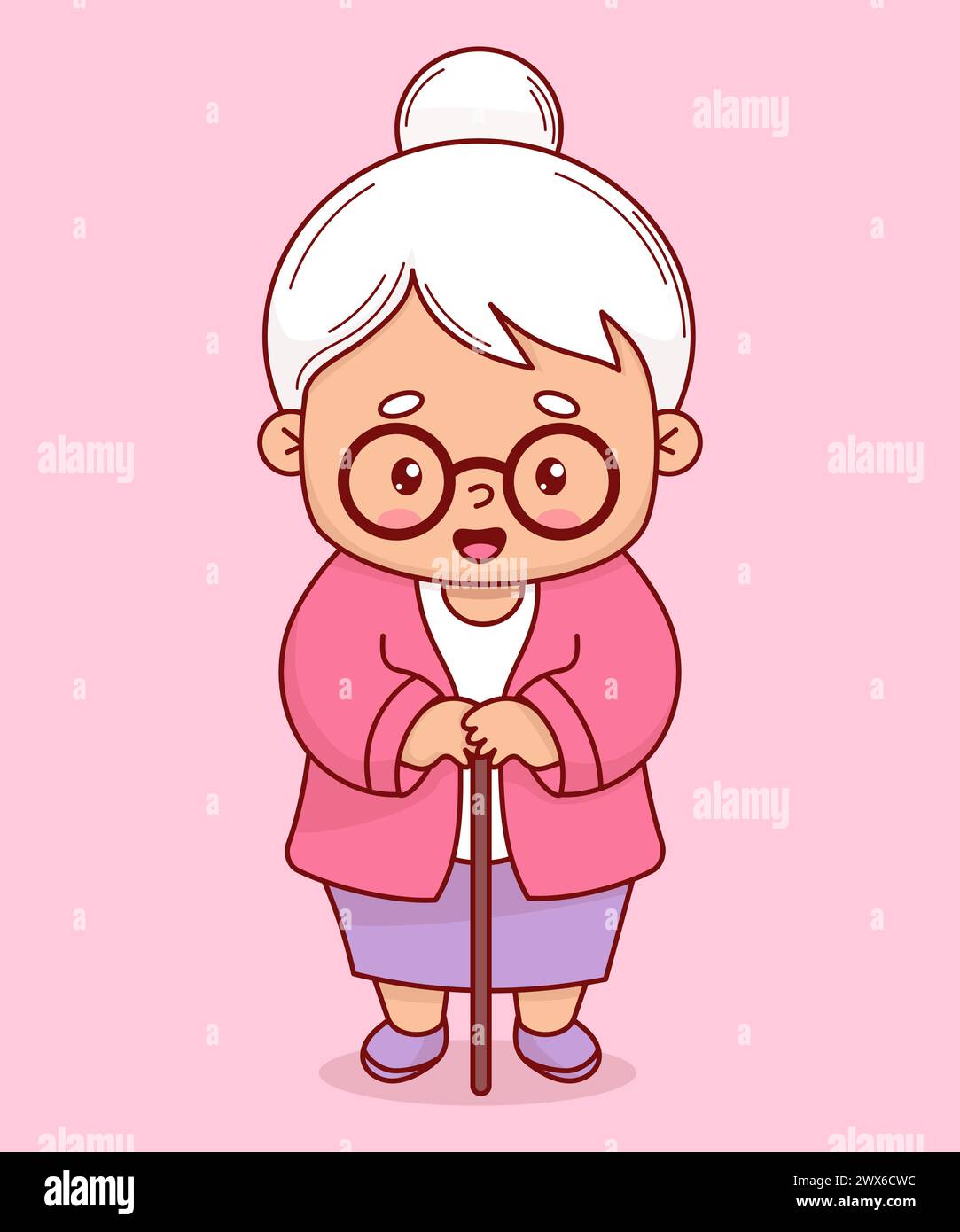 Happy grandmother. Cute elderly woman with stick. Vector illustration. Positive cartoon female character grandma lady. Stock Vector