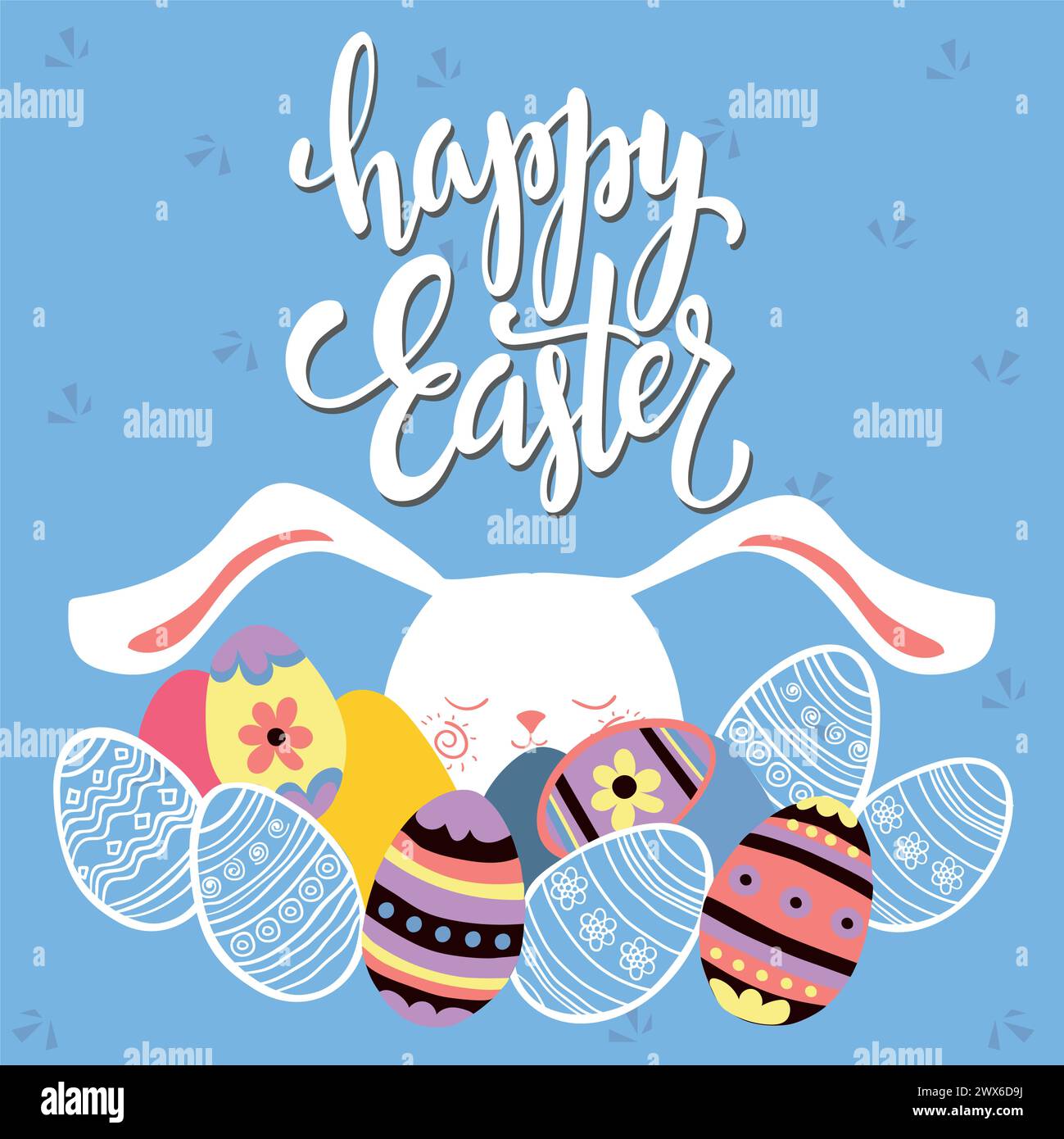 Colorful Happy Easter greeting card with cute rabbit, eggs and blue ...